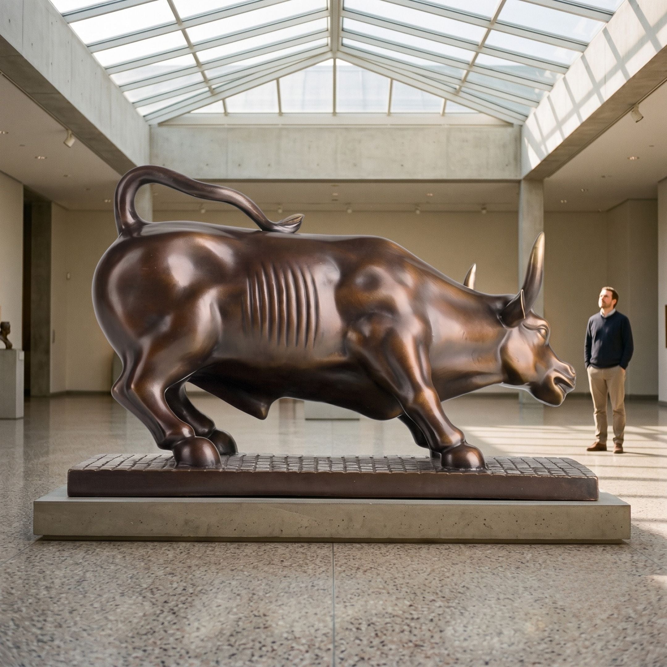 Contemporary Charging Bull Bronze Sculpture by Giant Sculptures with dark patina and gold horns, displayed on a plinth in a skylit gallery beside a standing man.