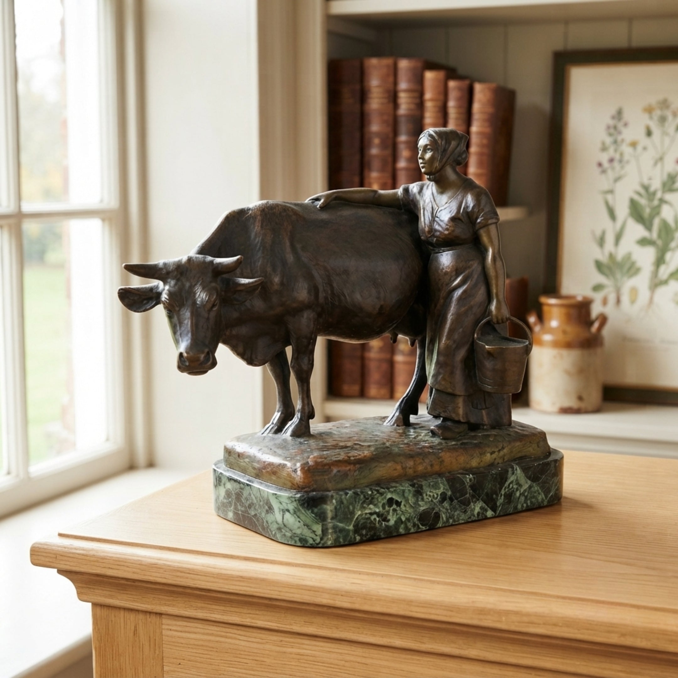 Traditional Milkmaid and Bull Bronze Sculpture by Giant Sculptures on a green marble base, displayed on an oak cabinet beside a window and leather books.