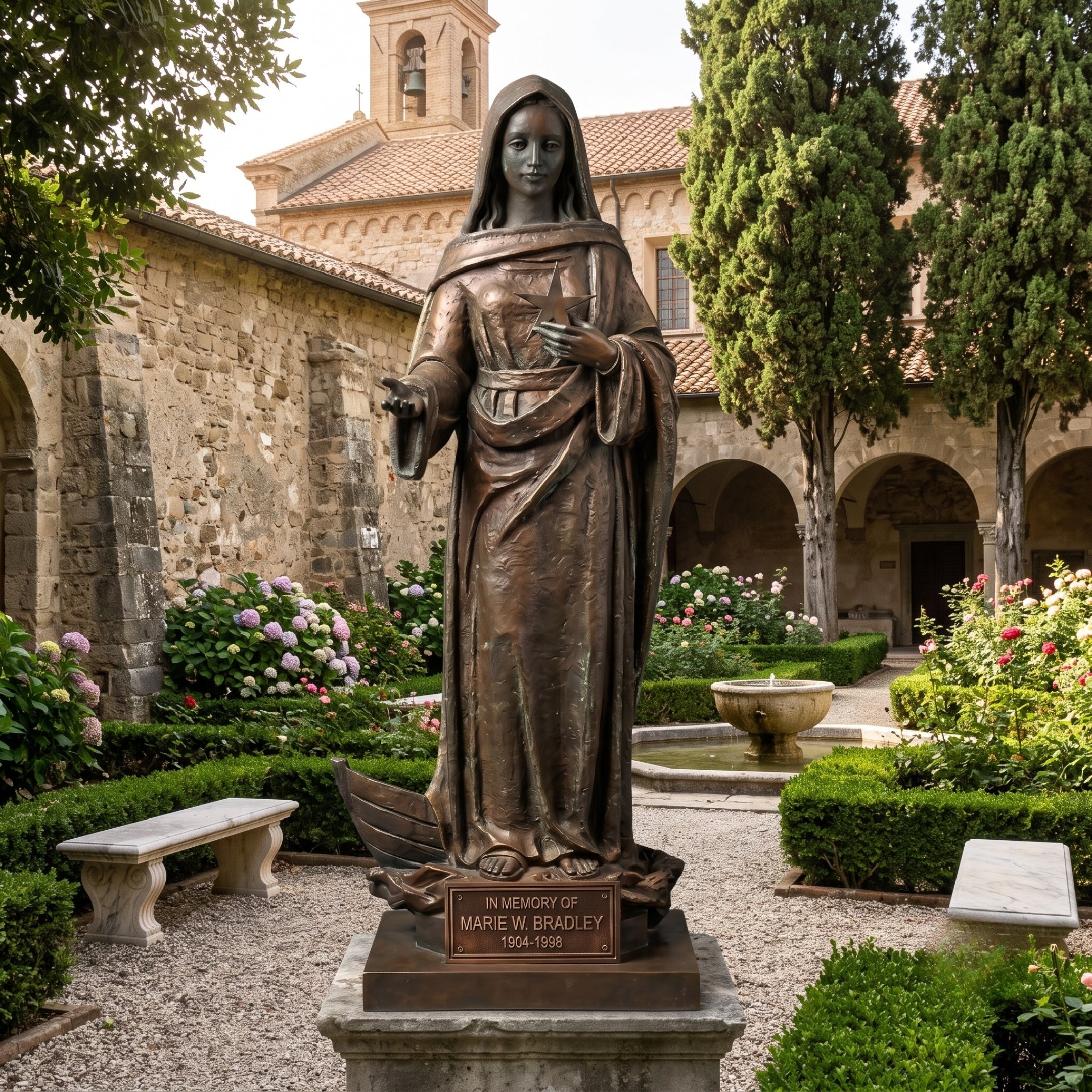 Monumental Classical Standing Virgin Mary Bronze Statue by Giant Sculptures in a stone courtyard garden with hydrangeas, fountain, and memorial plaque plinth.