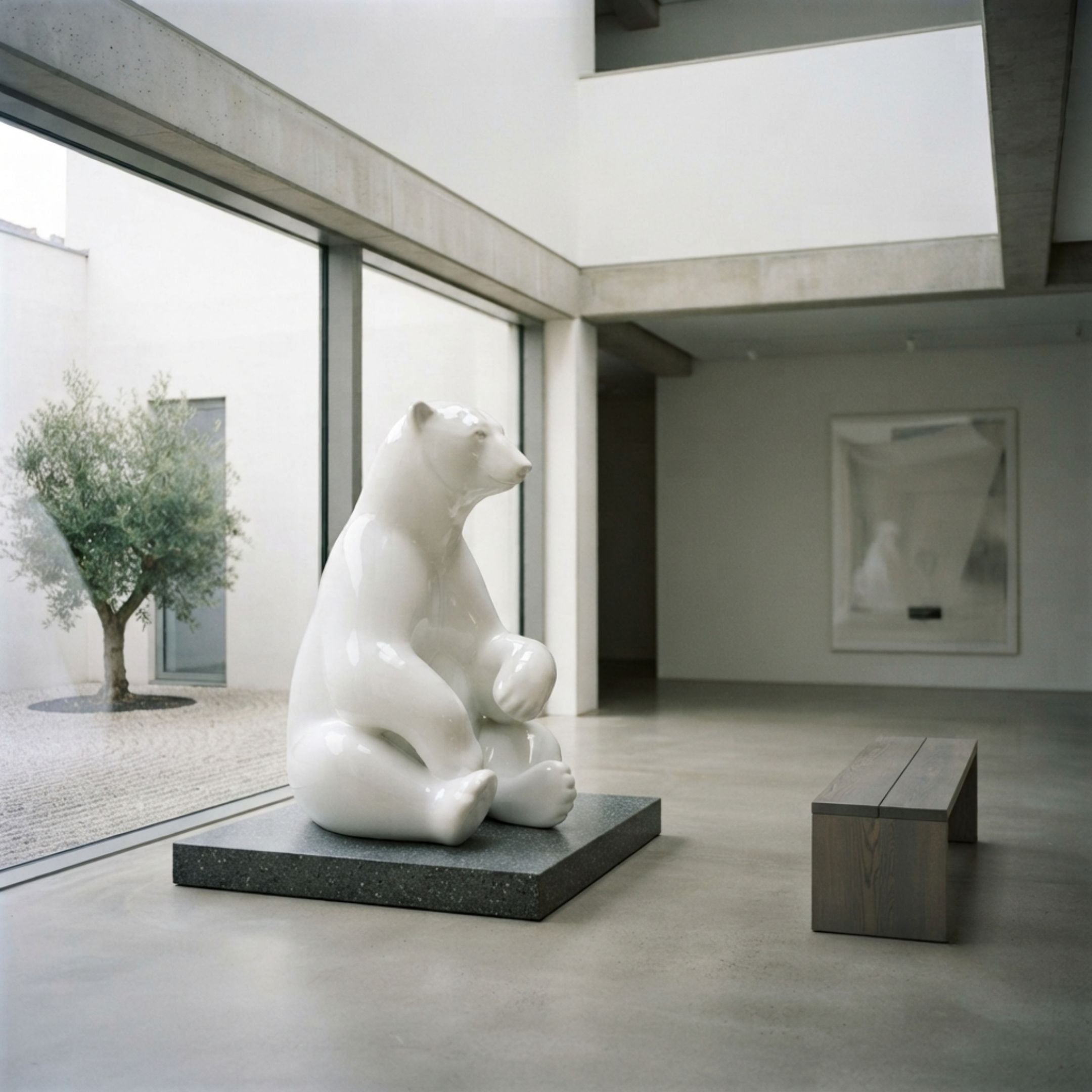 Giant Sculptures Contemporary Seated Polar Bear Bronze Sculpture 240cm in high-gloss white on a dark granite plinth in a minimalist gallery beside a courtyard.