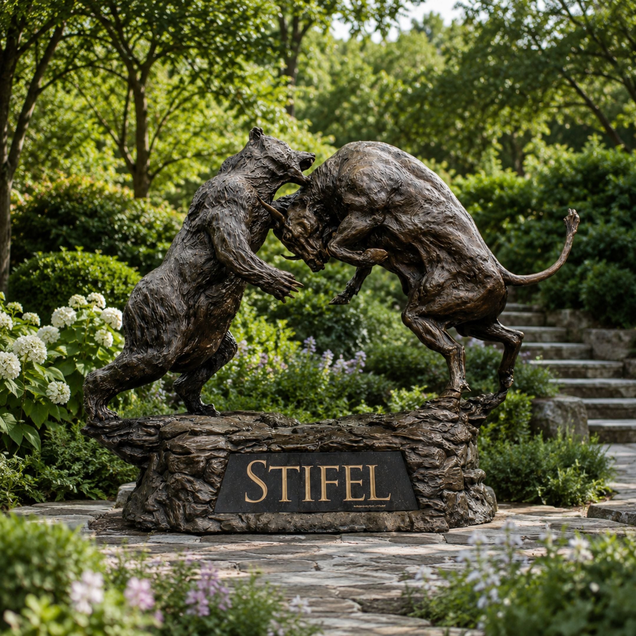 Monumental Bull and Bear Bronze Sculpture by Giant Sculptures, dark antique patina, bear and bull clashing on a rocky base with engraved Stifel plinth in a garden.