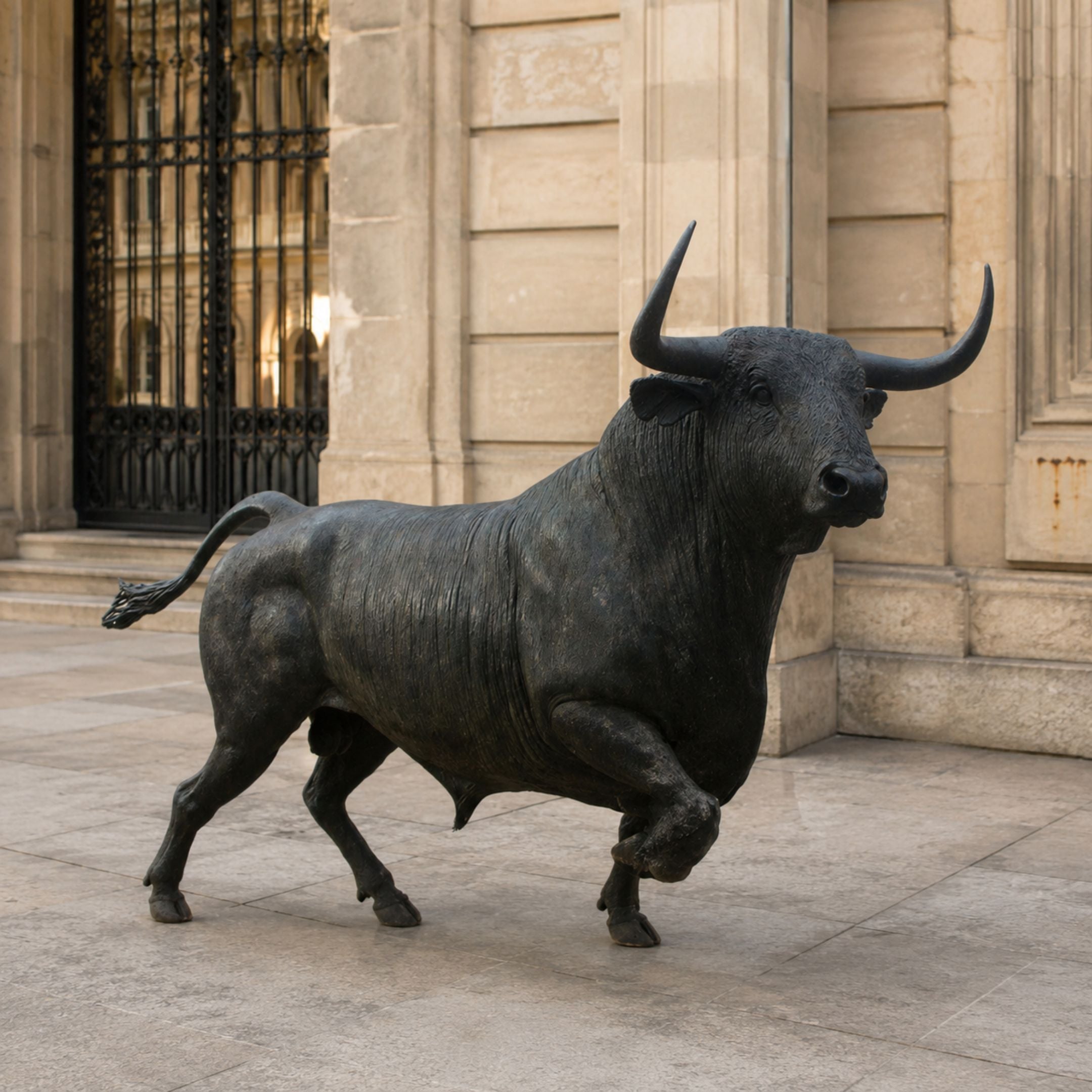 Giant Sculptures Monumental Charging Bull Bronze Sculpture in dark patina, mid-charge with lowered horns and raised tail, displayed beside a classical stone building.