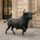 Giant Sculptures Monumental Charging Bull Bronze Sculpture in dark patina, mid-charge with lowered horns and raised tail, displayed beside a classical stone building.