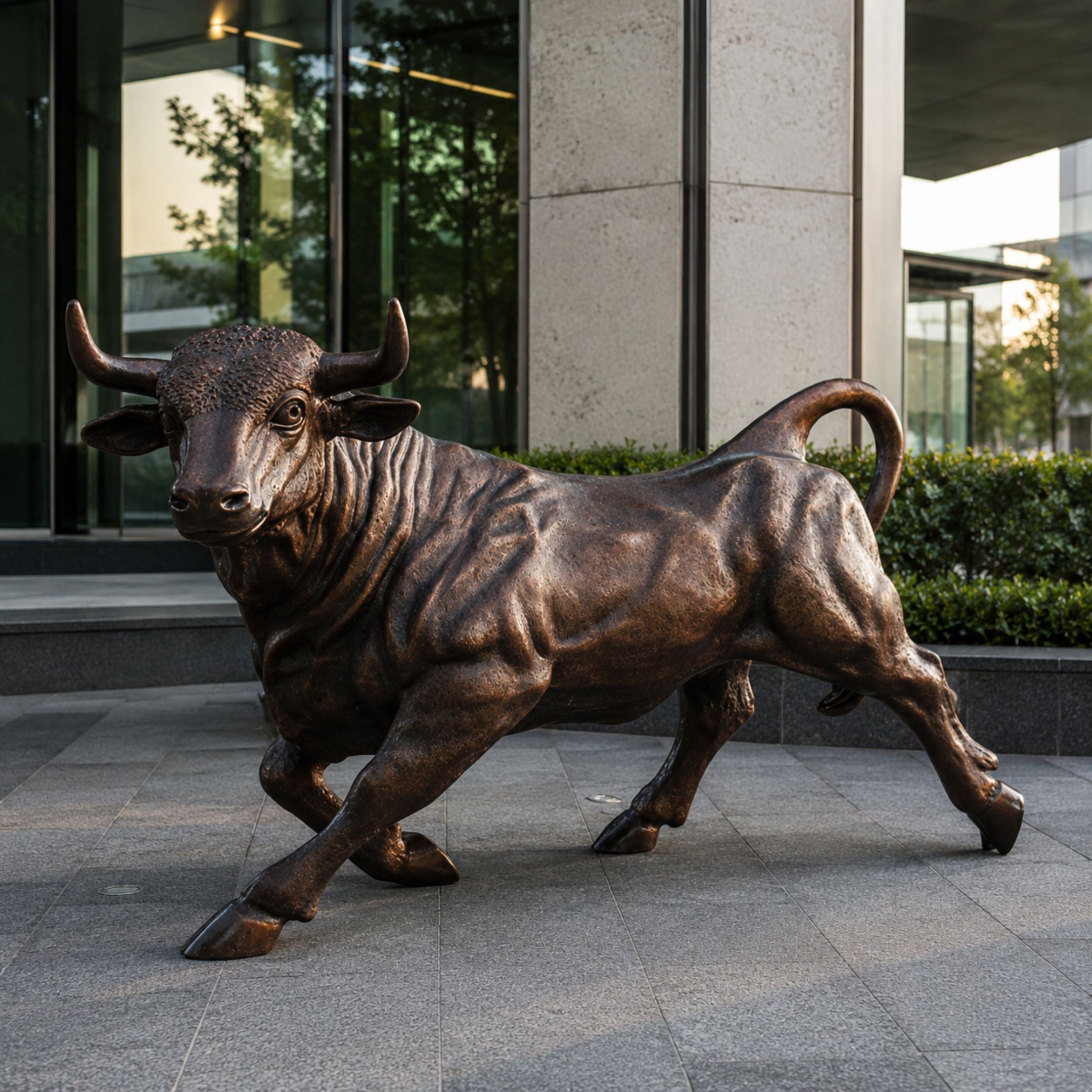 Life-Size Traditional Charging Bull Bronze Sculpture by Giant Sculptures in warm brown patina, shown mid-charge with head raised outside a modern glass building.