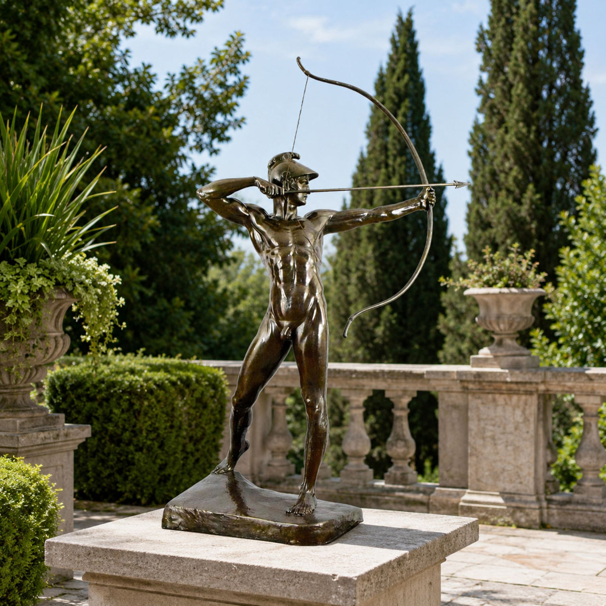 Classical Nude Male Archer Bronze Sculpture, 120cm, drawing a bow on a stone plinth on an outdoor terrace with balustrades and trees behind.