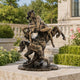 Classical Centaur and Nude Female Figure Bronze Sculpture, 80cm, rearing centaur clasping a sprawled nude figure, bronze finish, displayed outdoors on a stone base.