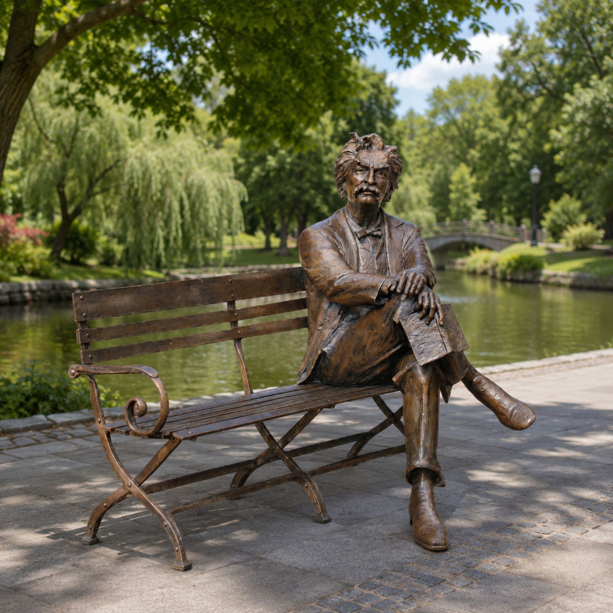 Life-Size Traditional Seated Male Figure Bronze Sculpture, 170cm, cast bronze gentleman in period suit on a bench, outdoors by a park pond.