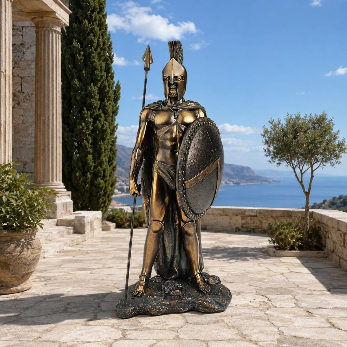 Life-Size Classical Spartan Warrior Bronze Sculpture, 190cm, standing with raised spear and round shield on a rocky base, patio setting overlooking the sea.