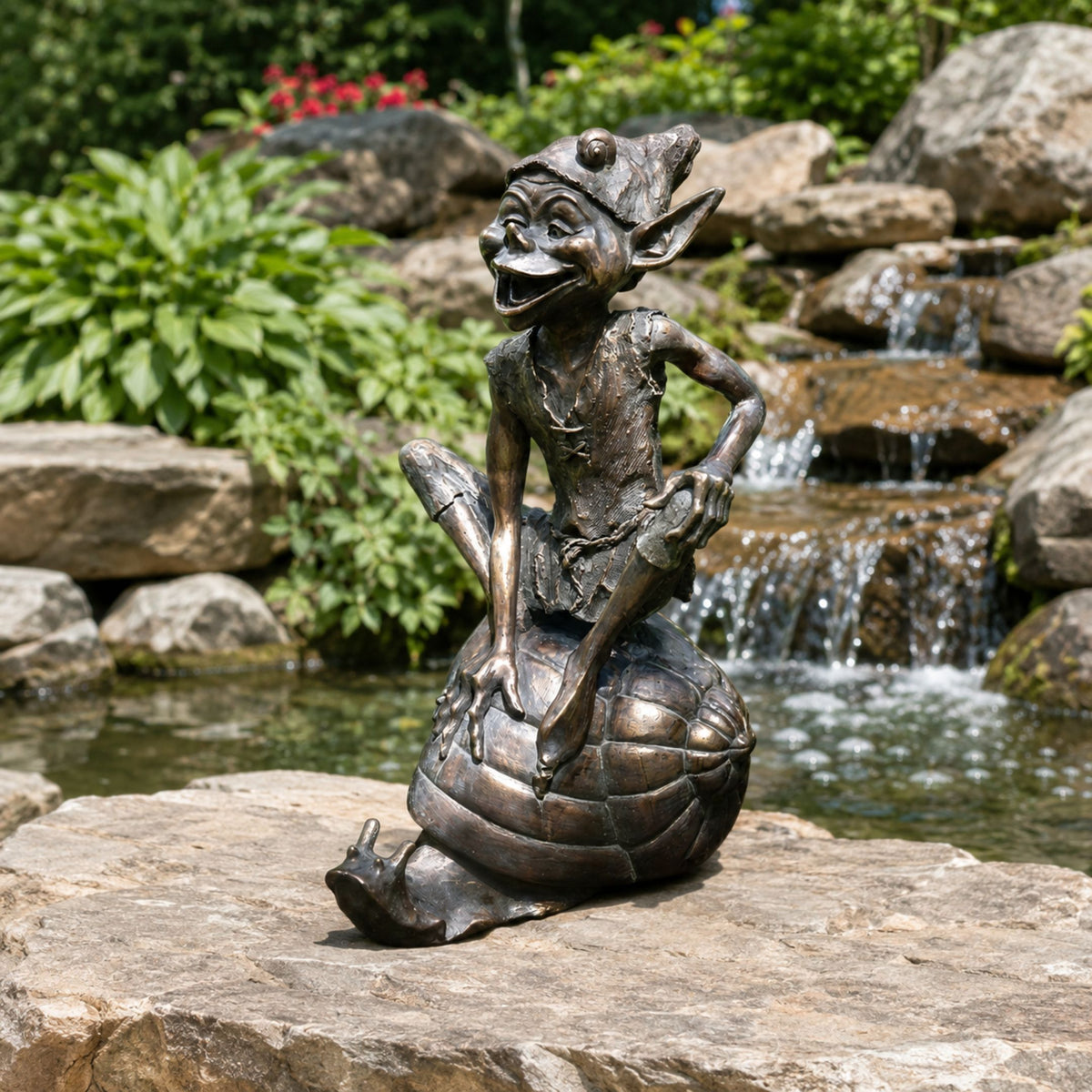 Traditional Laughing Goblin on Tortoise Bronze Sculpture, 80cm, shown outdoors on stone by a waterfall, warm brown cast bronze patina, goblin seated laughing with hand on hip.