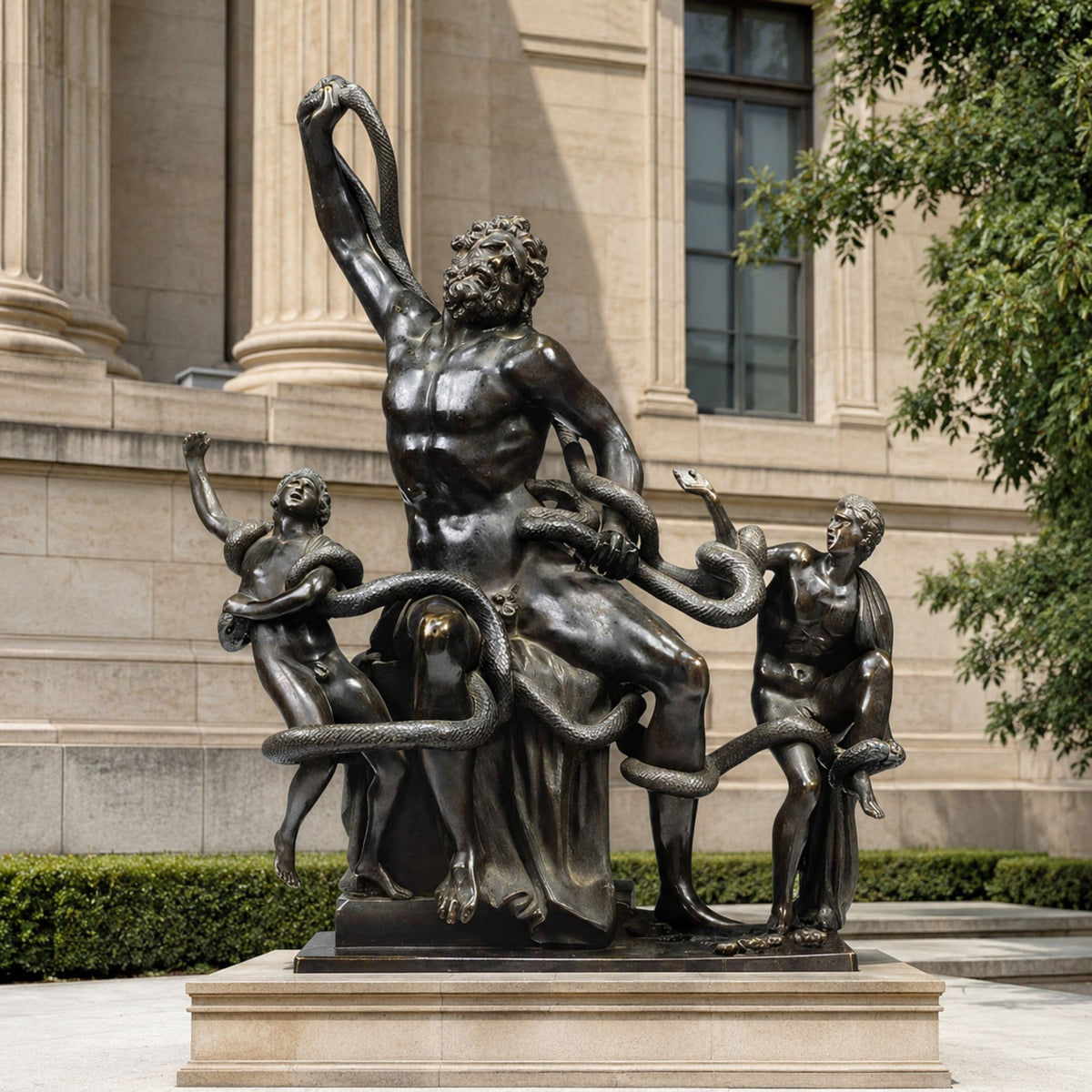 Monumental Classical Laocoön and Sons Bronze Sculpture, 220cm, showing three bronze figures entwined with serpents on a stone base outside a columned building.
