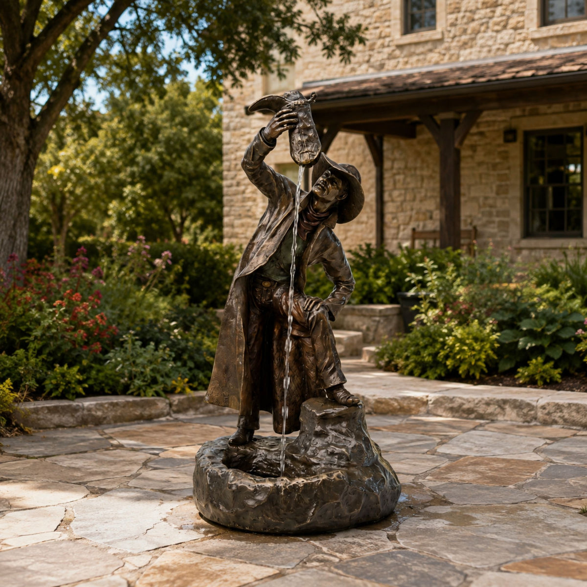 Large Traditional Drinking Cowboy Bronze Sculpture, 190cm, cast bronze figure pouring water from a jug, set on rock base fountain in a stone courtyard garden.