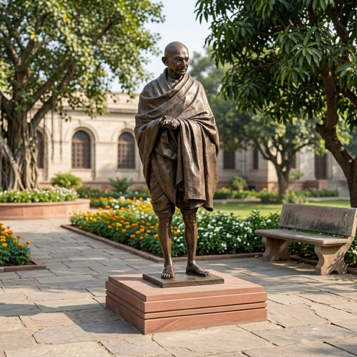 Life-Size Standing Gandhi Figure Bronze Statue, 180cm, by Giant Sculptures, shown on a stone plinth in a garden setting with flower beds and a bench nearby.
