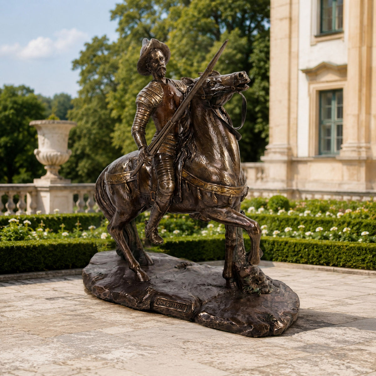 Large Classical Don Quixote on Rearing Horse Bronze Sculpture, 210cm, armoured knight with lance atop a rearing horse on a rock-form base, set on an outdoor terrace by manicured hedges.