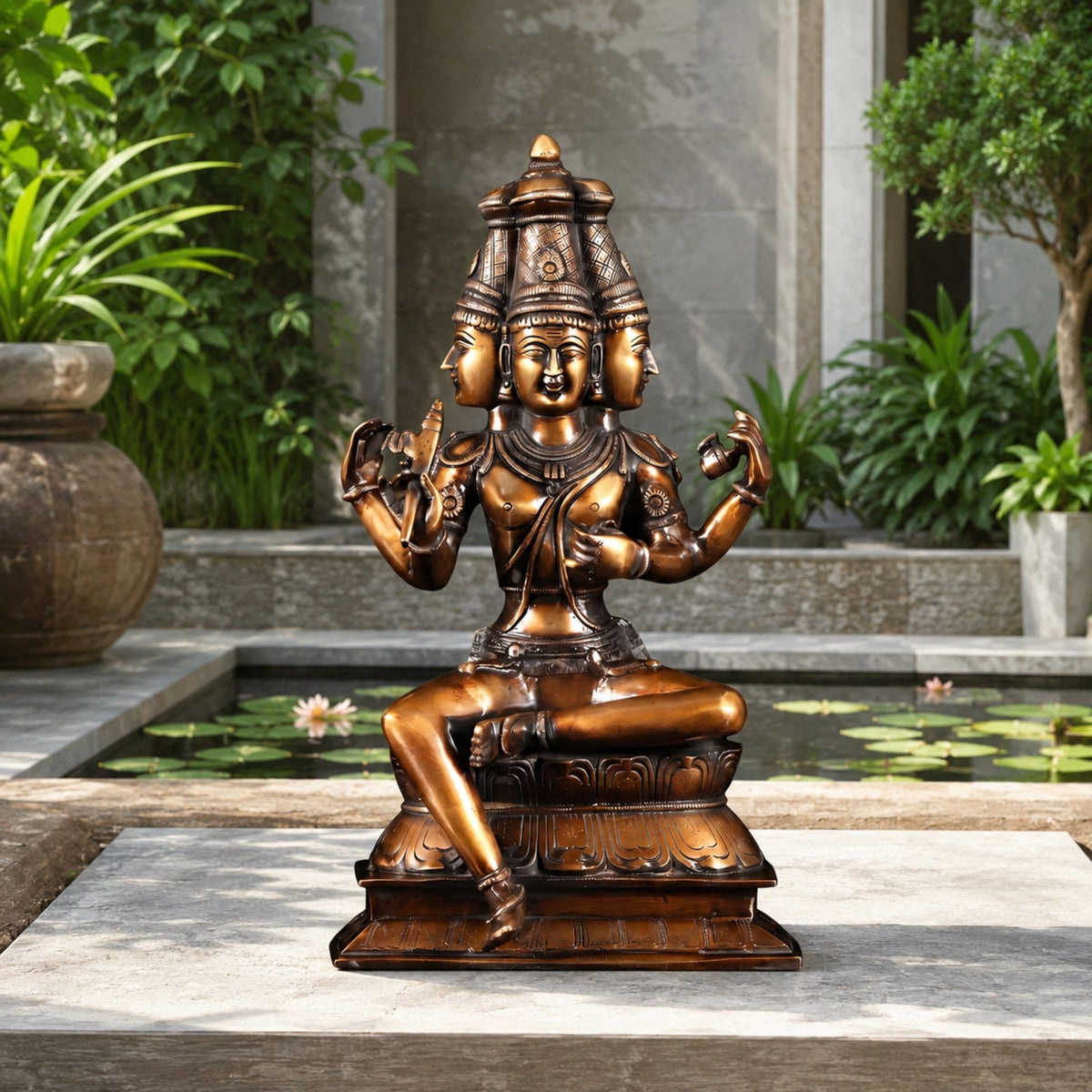 Large Traditional Four-Armed Brahma Bronze Sculpture, 110cm, seated four-faced deity with one leg extended, on a lotus-relief plinth beside an outdoor pond.