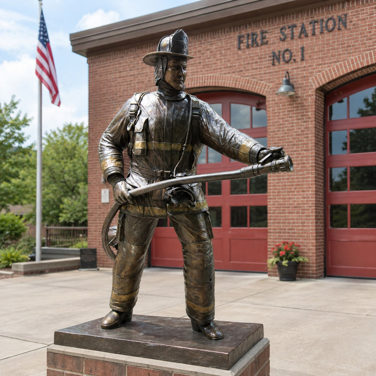 Life-Size Contemporary Fireman Bronze Statue, 210cm, cast bronze firefighter gripping a hose nozzle, displayed on a stone base outside a brick fire station.