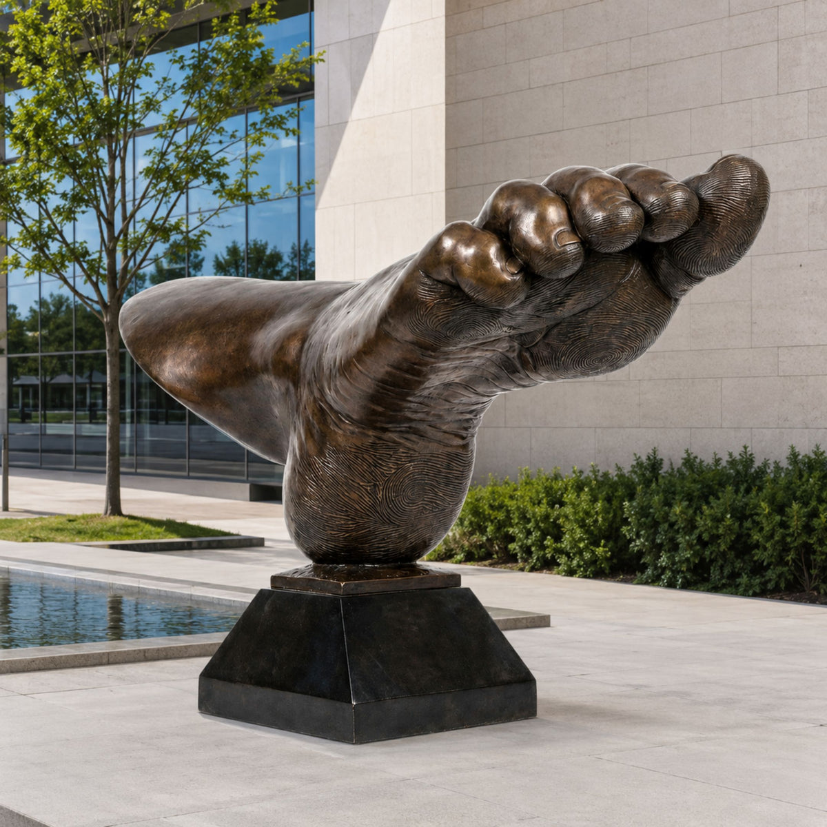 Monumental Contemporary Oversized Human Foot Bronze Sculpture, 260cm, cast bronze foot with curled toes on a black base outdoors near a building and reflecting pool.