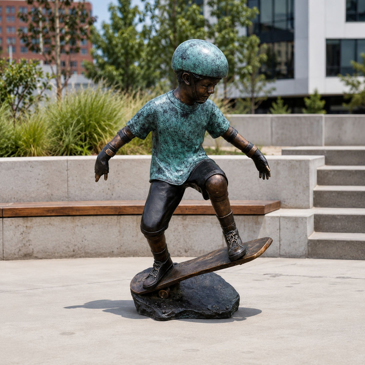 Life-Size Contemporary Skateboarding Boy Bronze Sculpture, 130cm, arms spread with knees bent on a board atop a rock base, outdoor plaza setting.