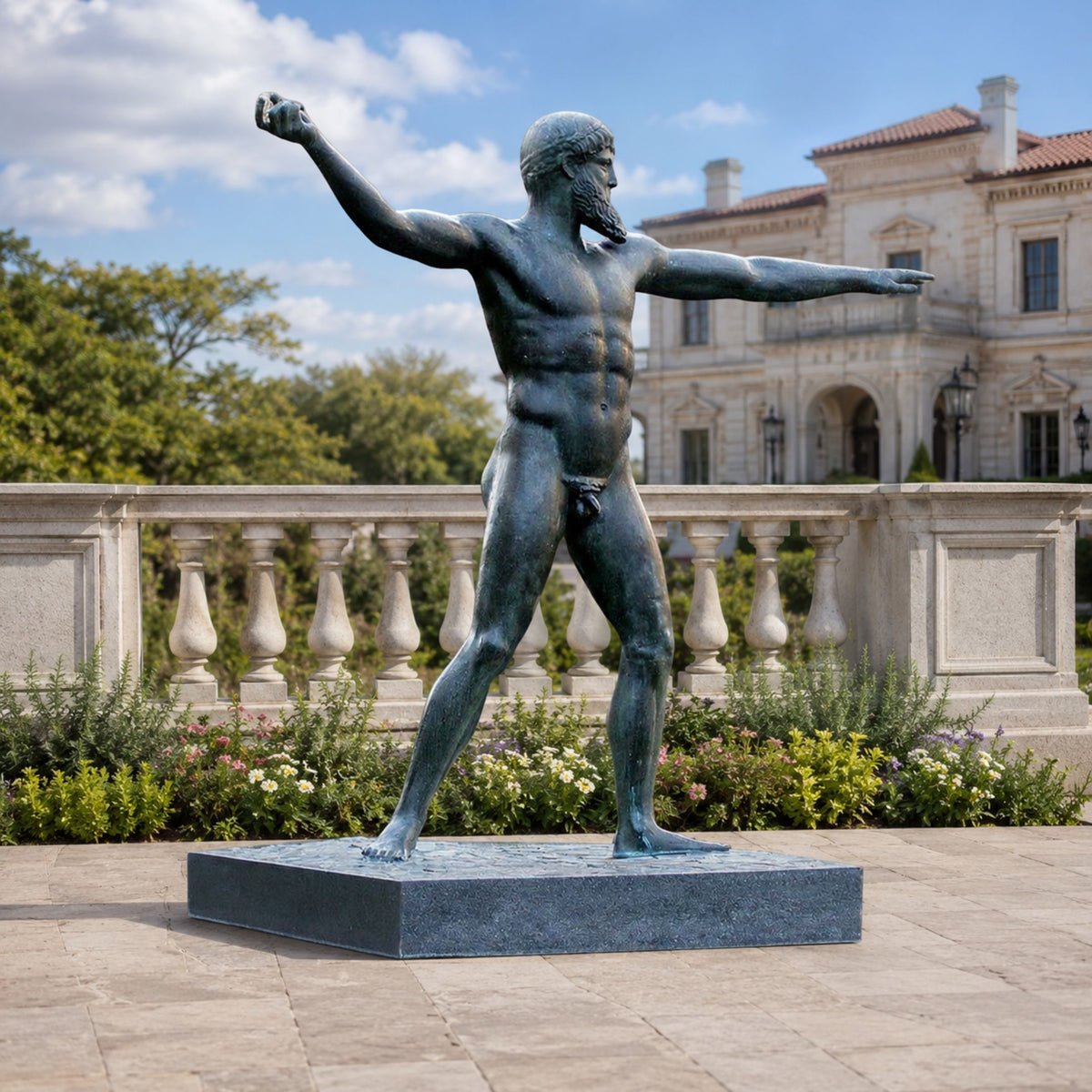 Life-Size Classical Nude Male Deity Bronze Sculpture, 220cm, on a granite base outdoors with a balustrade and mansion in the background.