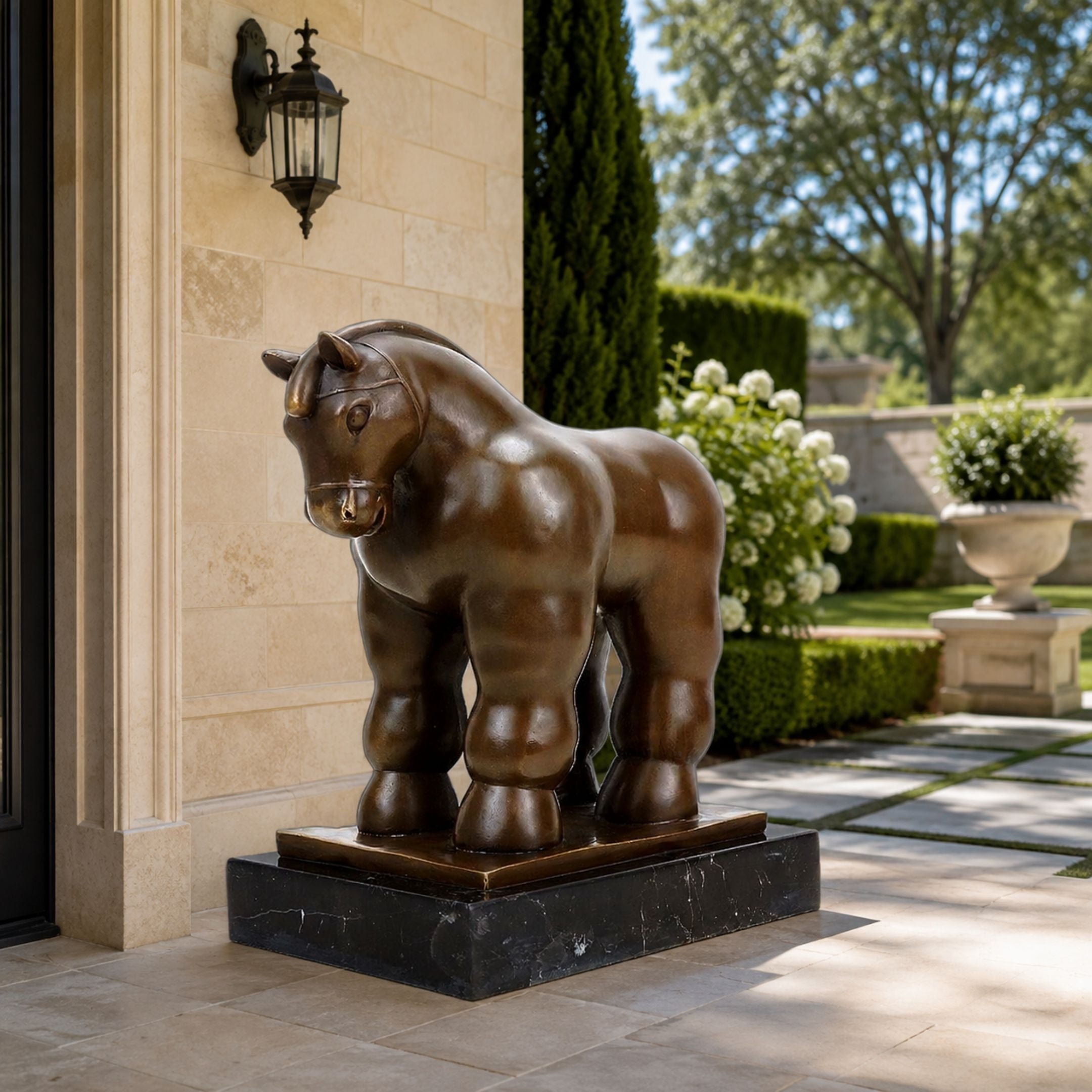 Large Contemporary Rotund Bull Bronze Sculpture, 220cm, dark bronze finish on a black marble base, displayed by an entrance beside a stone wall and garden.