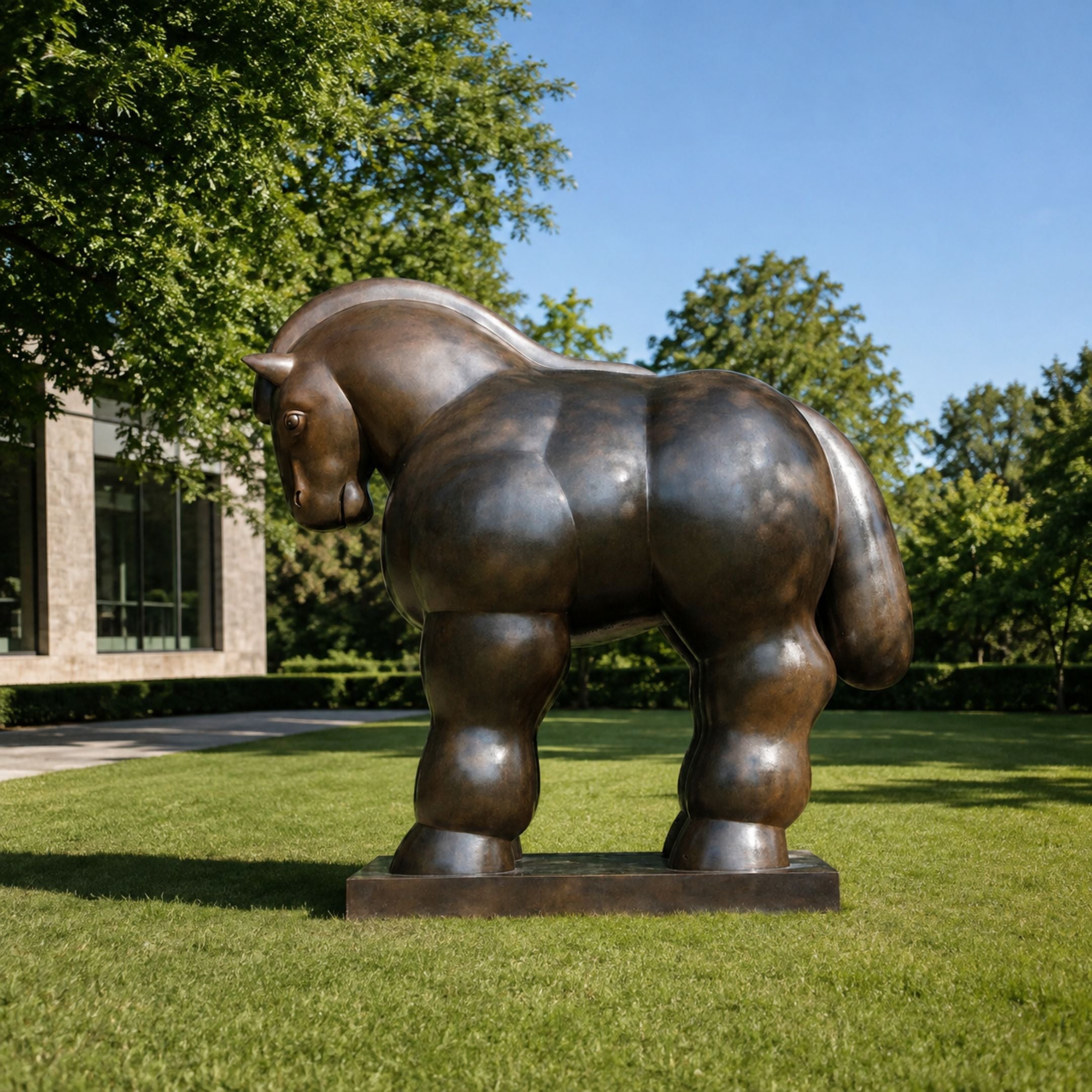 Monumental Contemporary Voluminous Horse Bronze Sculpture, 400cm, rounded inflated form on a rectangular base, displayed outdoors on a lawn near trees and a glass building.