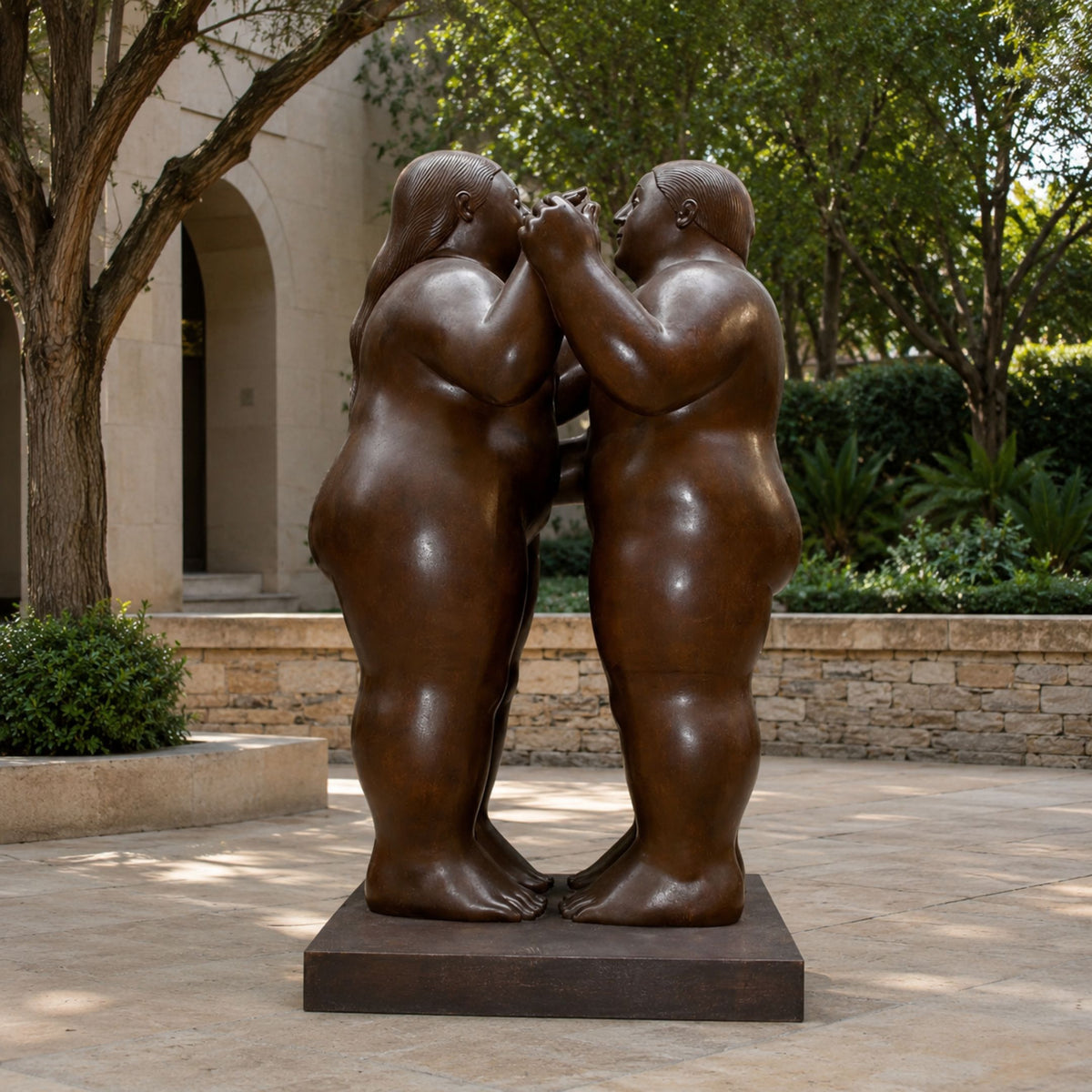 Monumental Contemporary Kissing Couple Bronze Sculpture, 250cm, two voluminous nude figures in bronze finish sharing a kiss, hands raised together, displayed outdoors on a dark rectangular base.