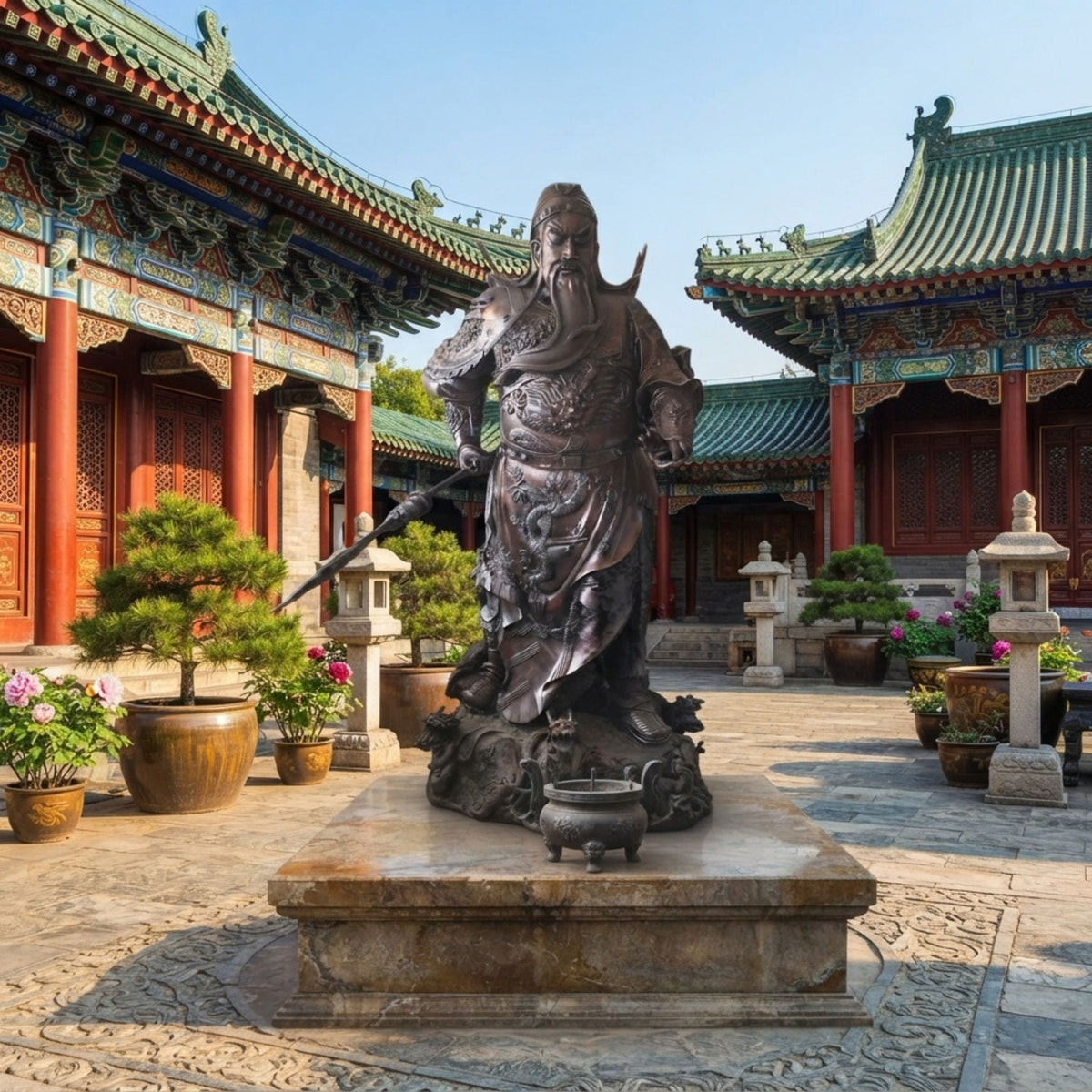 Monumental Traditional Guan Gong Warrior Bronze Statue - 220cm, cast bronze figure with polearm on a stone base in a traditional temple courtyard.