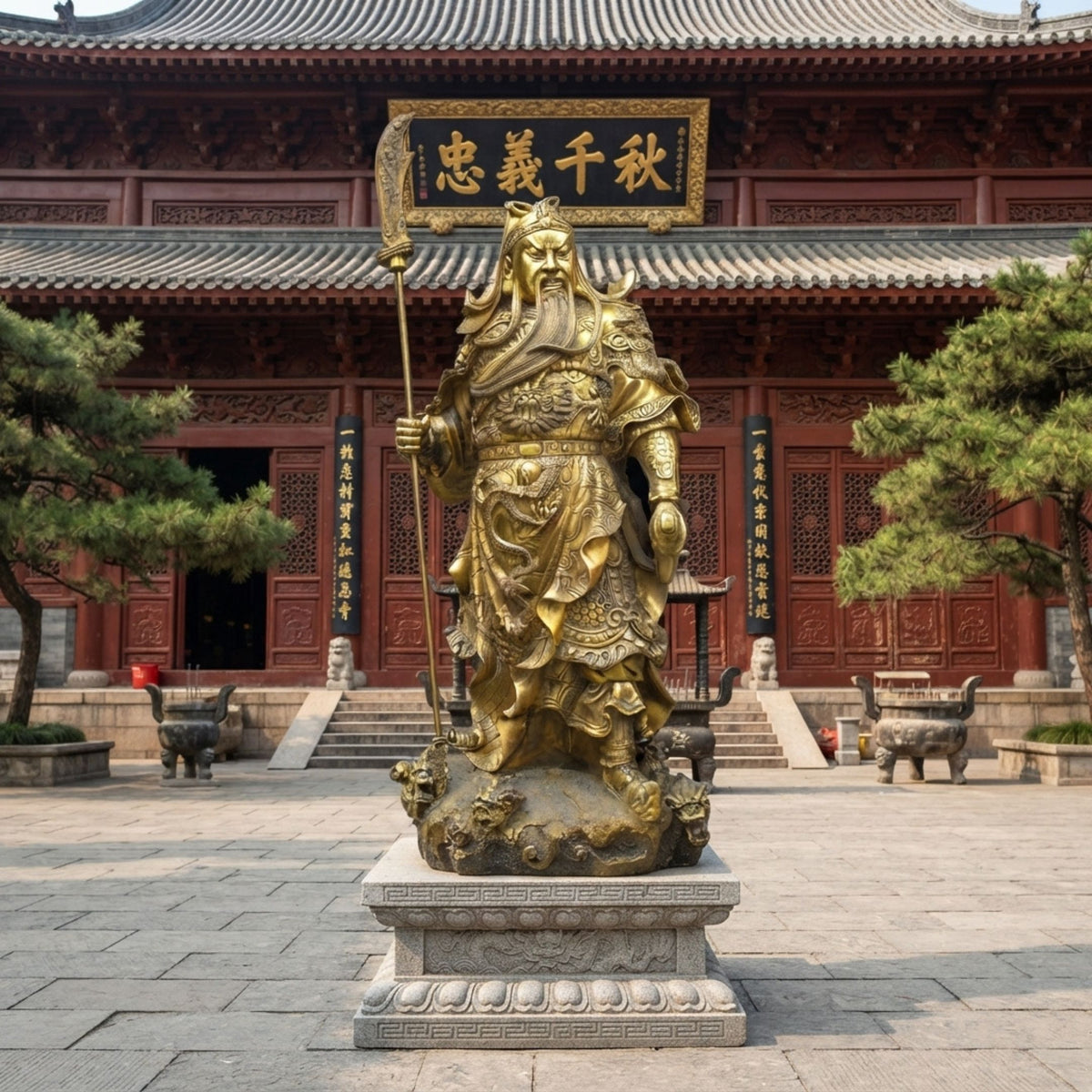 Life-Size Traditional Guan Yu Warrior Bronze Statue, 220cm, gold-finished cast bronze figure with crescent blade on stone base outside a temple courtyard.