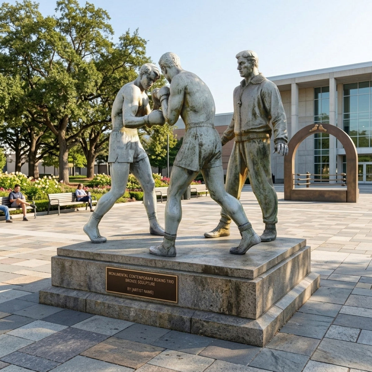 Monumental Contemporary Boxing Trio Bronze Sculpture, 250cm, by Giant Sculptures, showing two sparring boxers and a tracksuited trainer on a stone base in an outdoor plaza setting.
