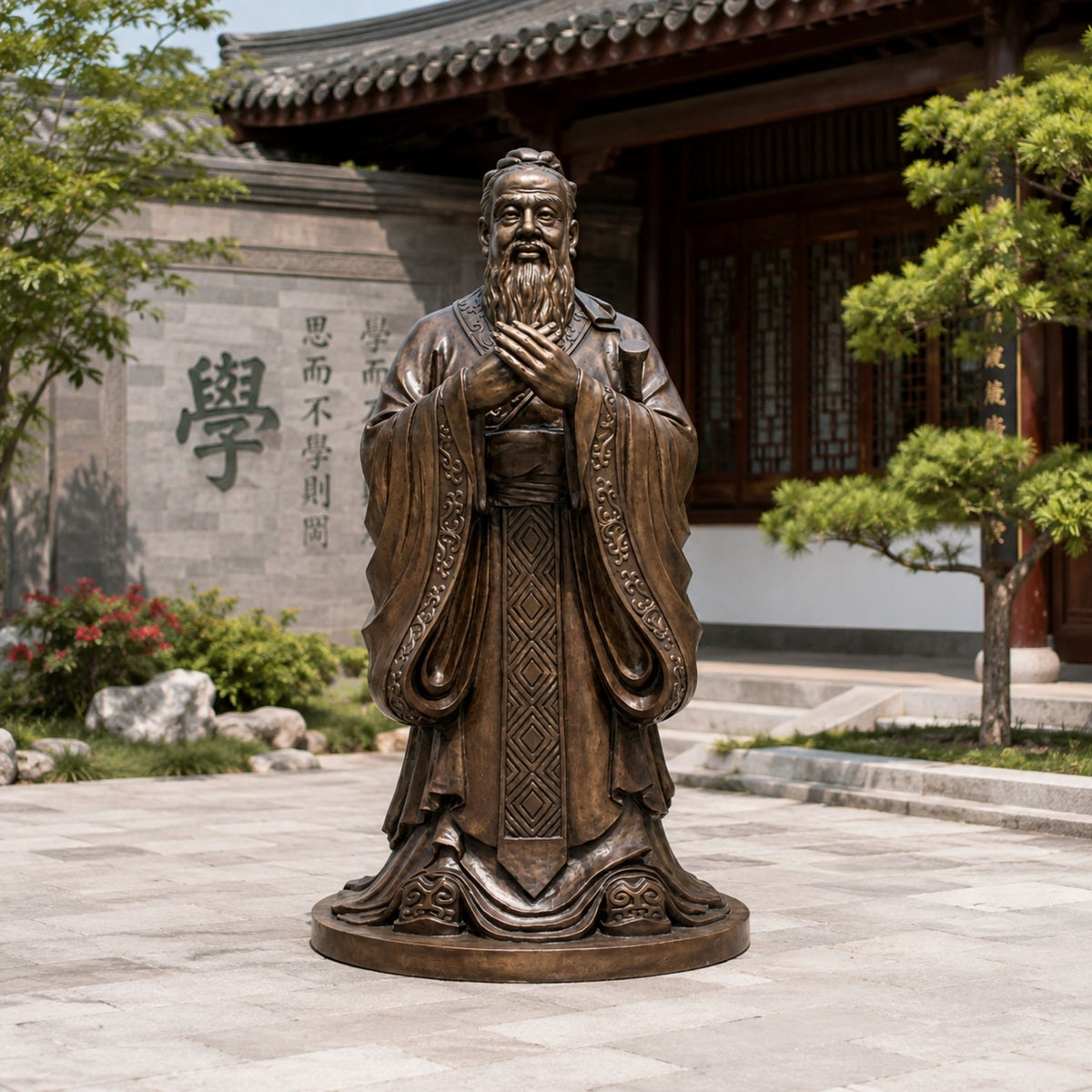 Life-Size Traditional Confucius Bronze Statue, 180cm, standing figure in flowing robes with hands clasped at chest, on a round base outside a traditional courtyard building.
