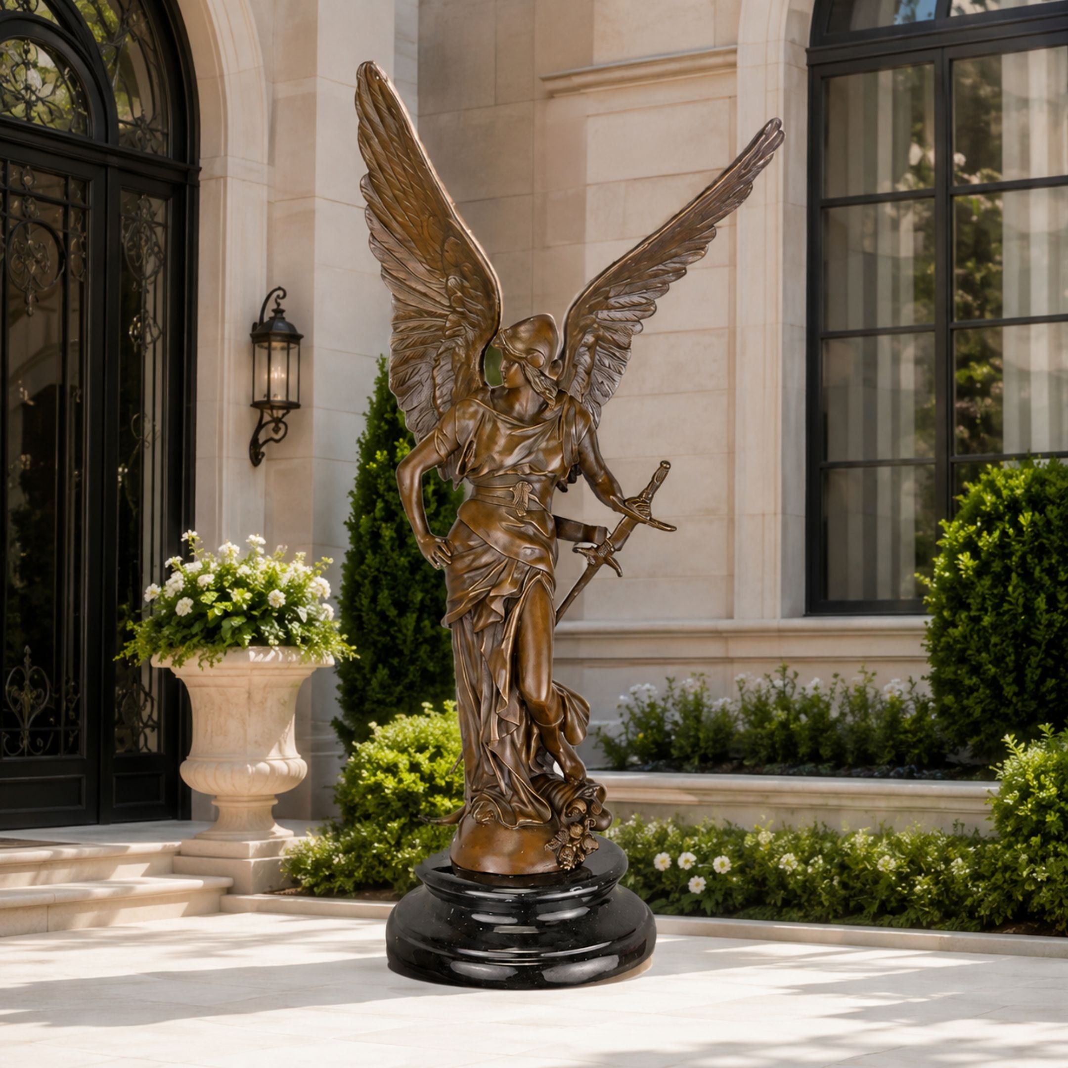 Large Classical Archangel Michael Bronze Sculpture, 210cm, wings spread and sword raised, on a black round base outside a stone building entrance.
