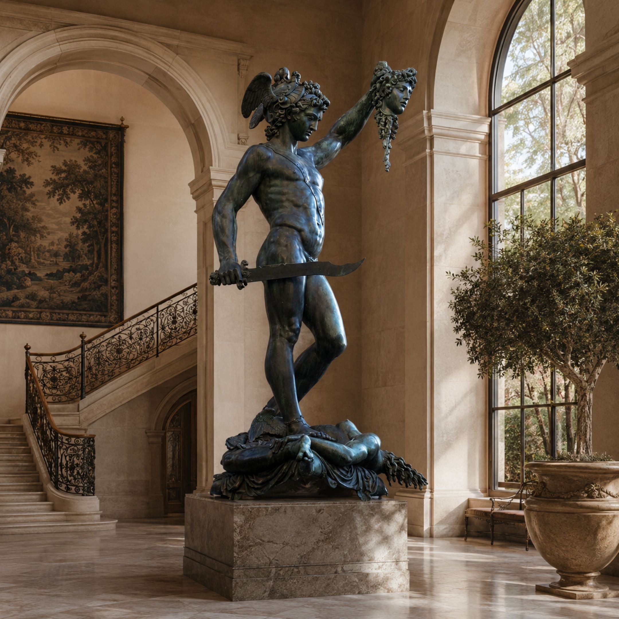 Monumental Classical Perseus and Medusa Bronze Sculpture, 250cm, dark bronze finish on marble base, displayed in a marble-floored entry hall with staircase.
