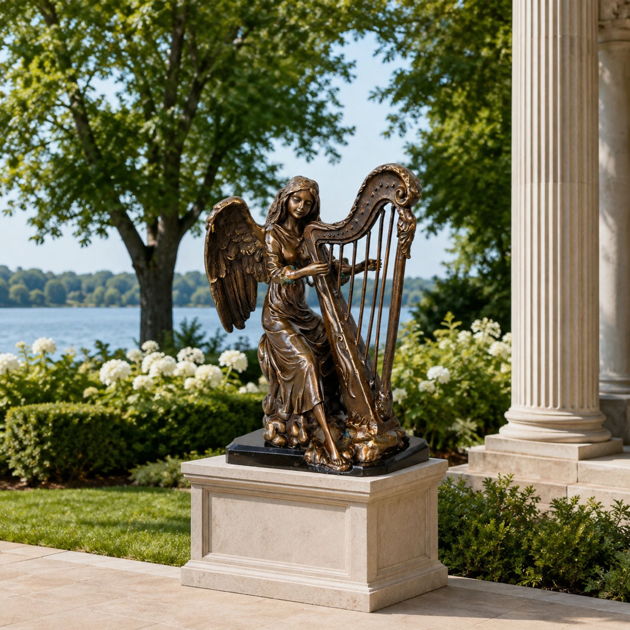 Monumental Classical Seated Angel Harp Bronze Sculpture, 210cm, on a stone pedestal outdoors near hydrangeas, trees, and a lakeside columned terrace.