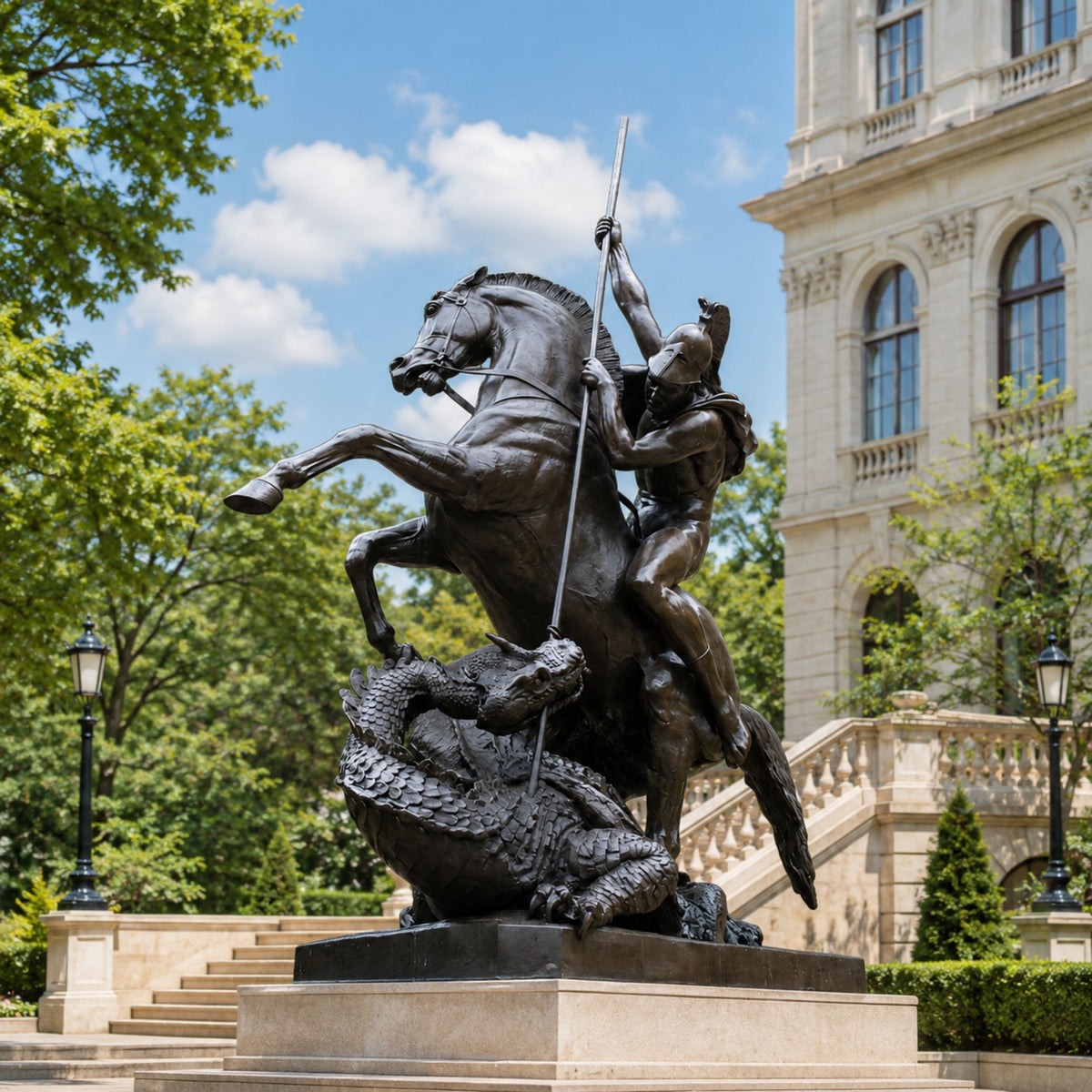Saint George and the Dragon Bronze Statue - 350cm, showing the warrior on a rearing horse spearing the dragon, set outdoors near a stone building.