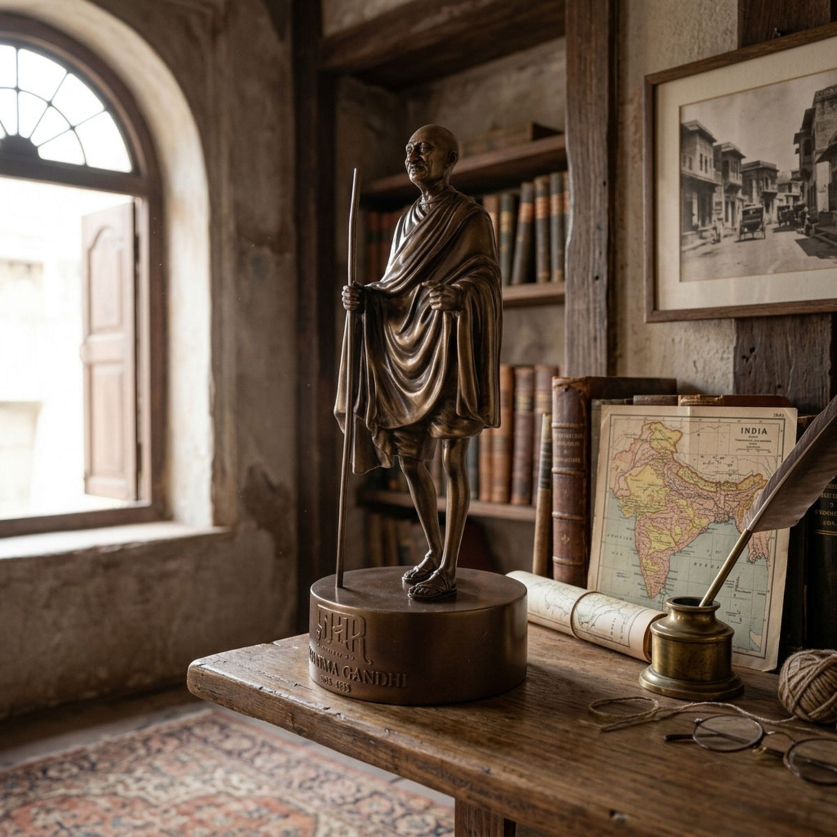 Traditional Standing Gandhi Figure Bronze Statue, 30cm, holding a staff on a round base, displayed on a wooden desk beside books and a map.