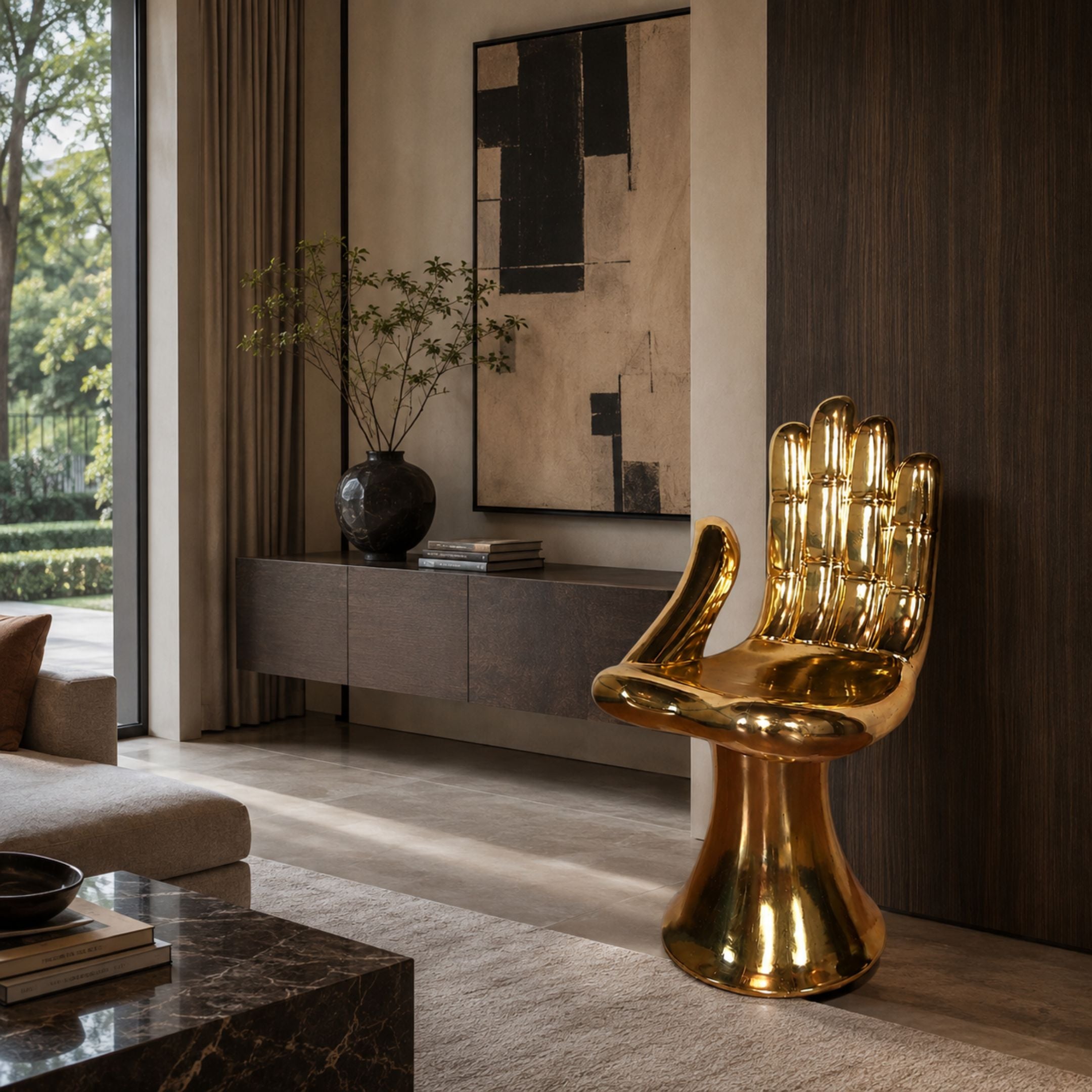 Contemporary Hand-Form Chair Bronze Sculpture, 150cm, gold mirror-polished bronze, in a living room beside a dark sideboard, abstract art, and marble coffee table.