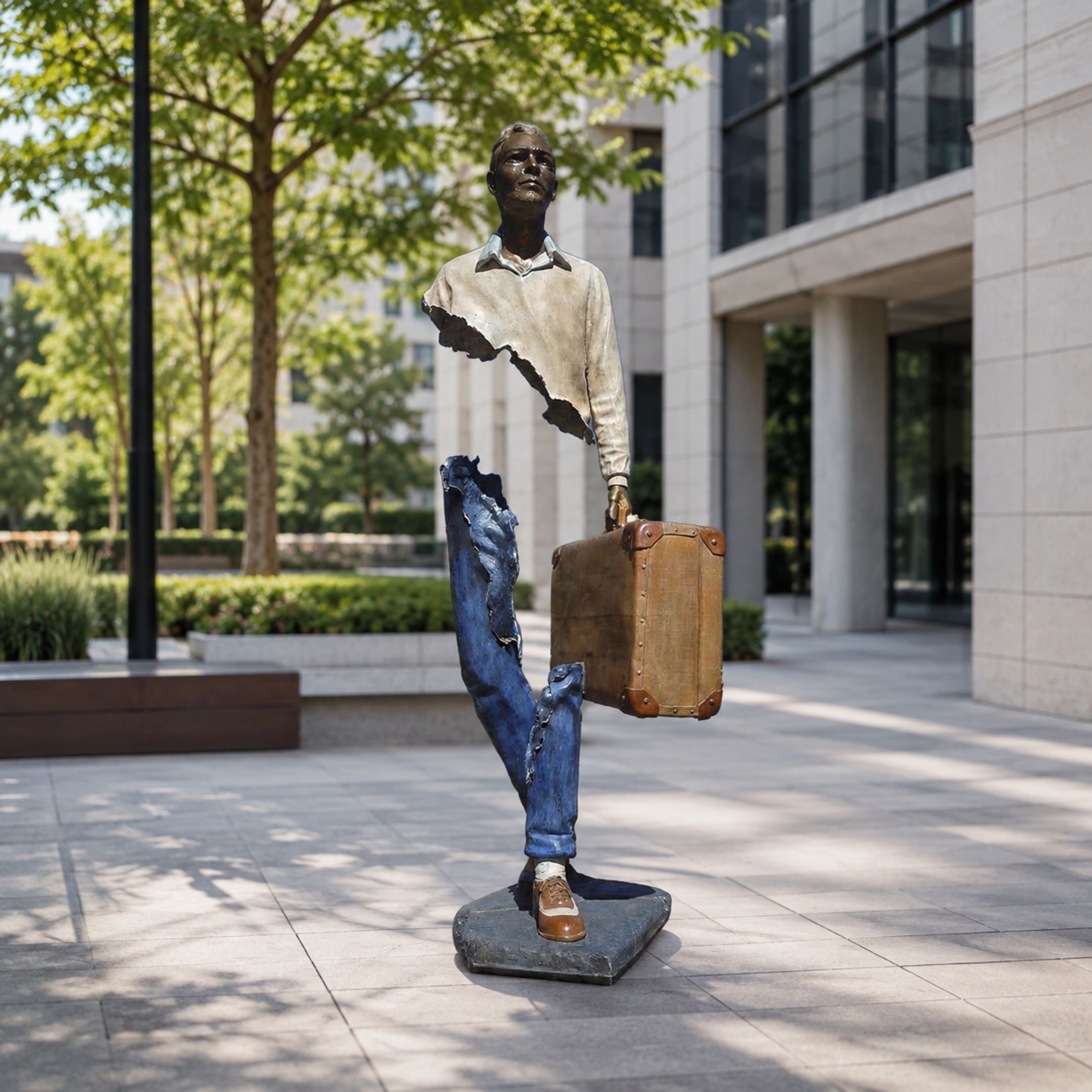 Life-Size Contemporary Fragmentary Traveller Bronze Sculpture, 210cm, painted bronze figure with floating head and torso gap, holding a suitcase, outdoor plaza setting.