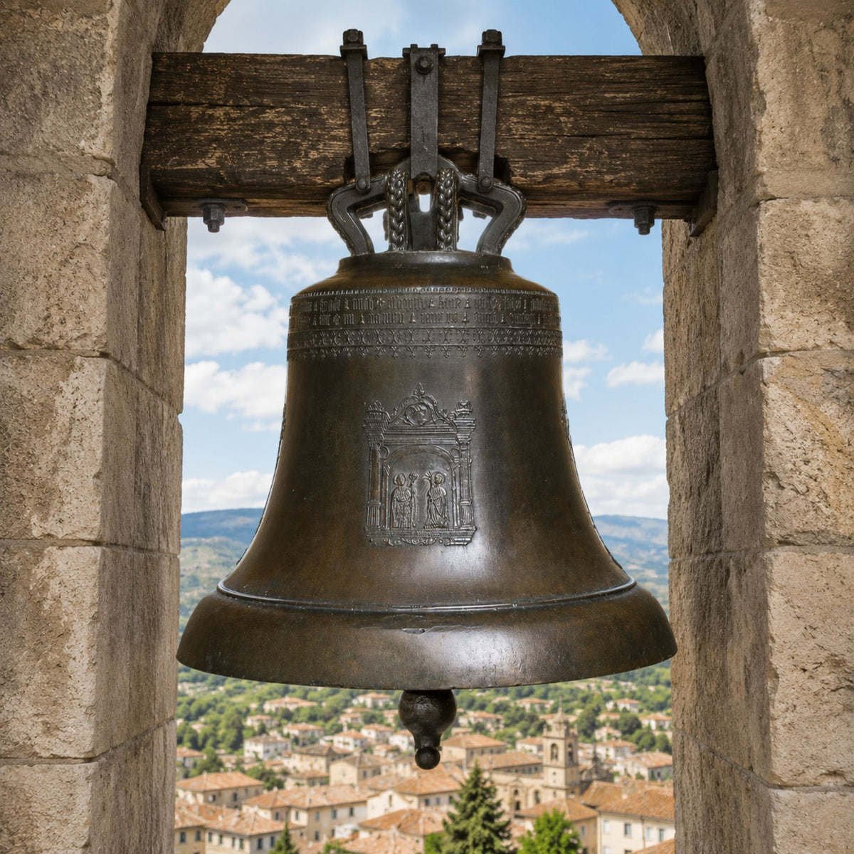 Large Classical Church Bell Bronze Sculpture, 120cm, cast bronze with relief panel, hung from a wooden beam in a stone archway overlooking a hillside town.