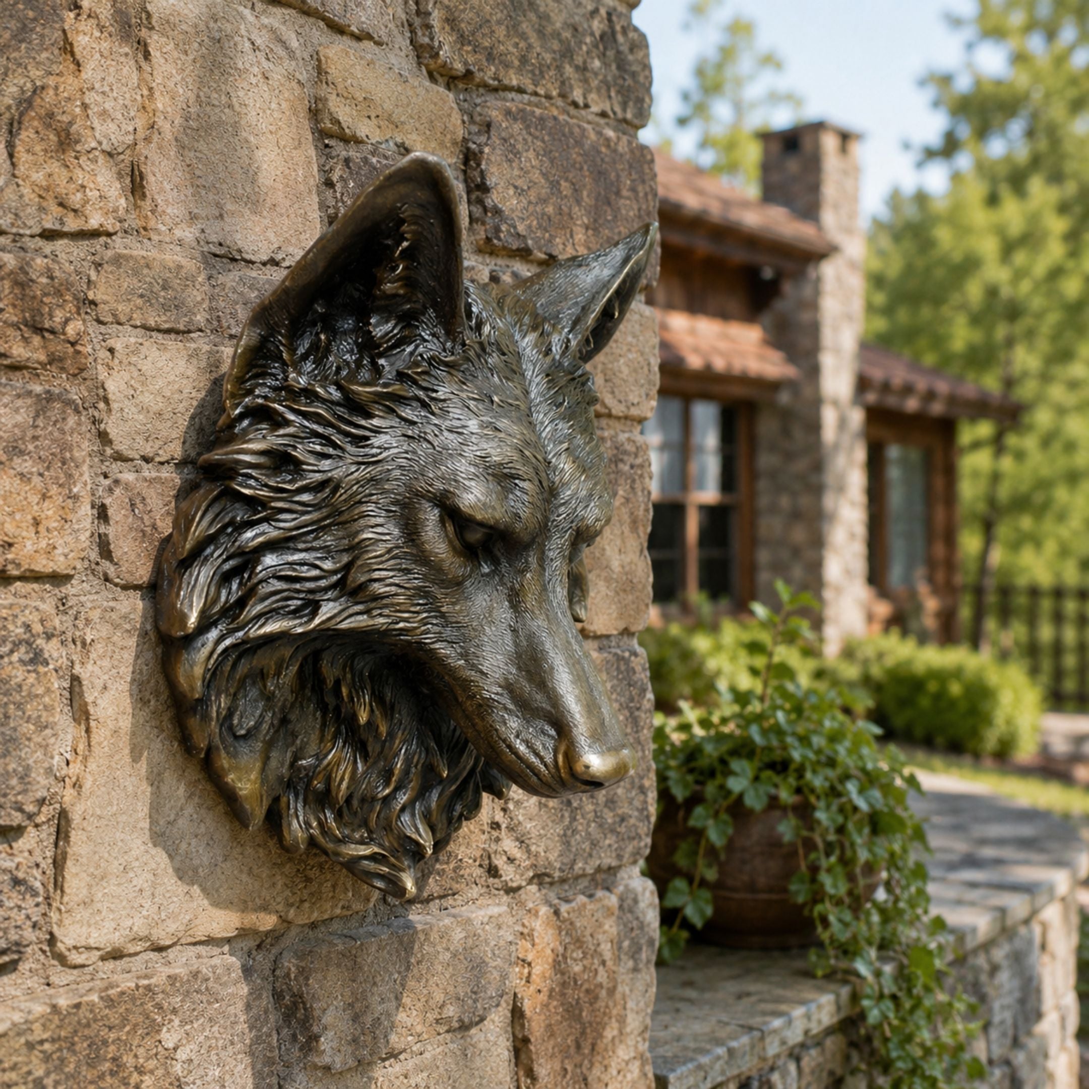 Traditional Wolf Head Bronze Sculpture, 70cm, mounted on a stone wall with golden-brown patina, set against an outdoor stone house exterior.