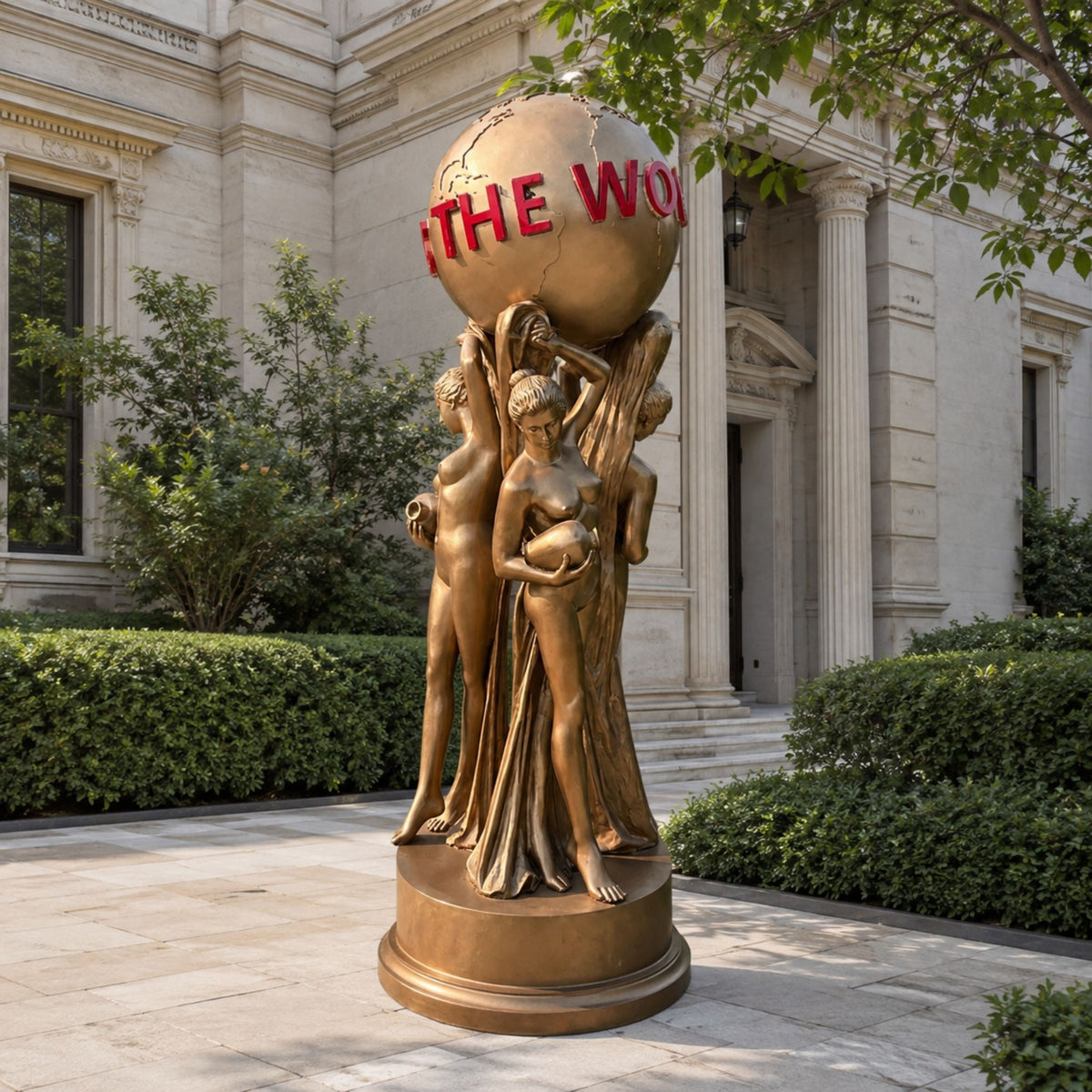 Monumental Classical Three Goddesses and Globe Bronze Sculpture, 200cm, gold-toned bronze figures supporting a globe on a round pedestal outside a stone building.