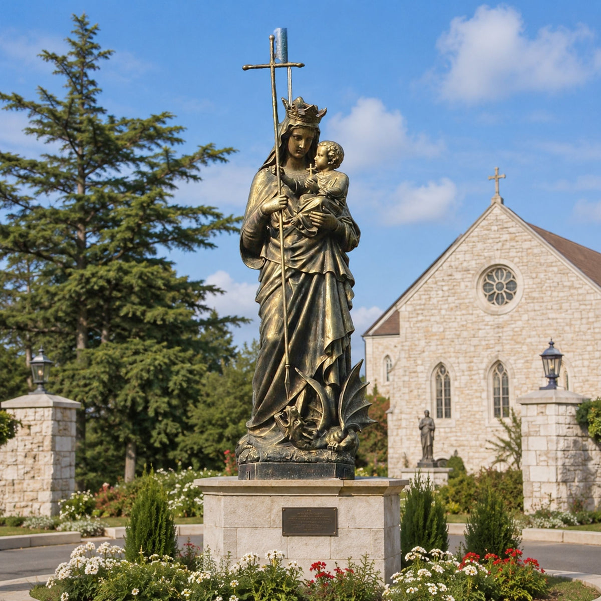 Monumental Classical Virgin Mary and Infant Jesus Bronze Statue, 400cm, crowned figure holding a cross staff with child, dragon underfoot, on stone pedestal outside a church.