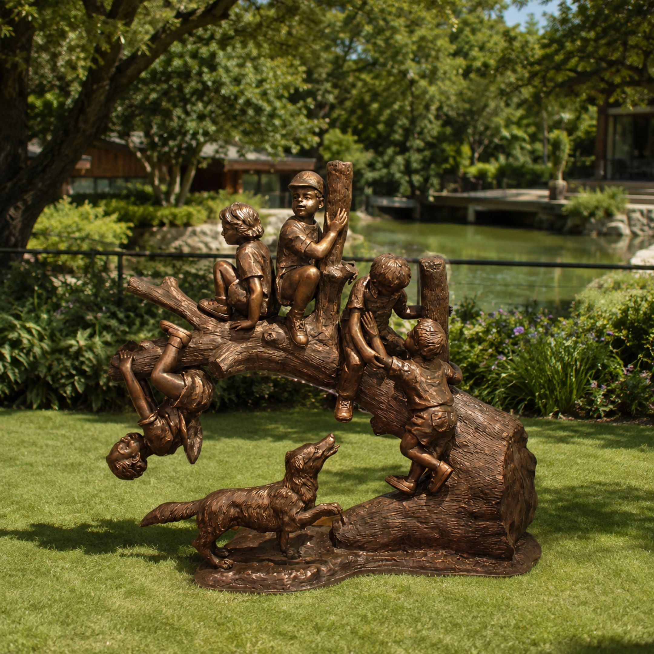 Life-Size Traditional Children Playing on a Tree Log Bronze Sculpture, 150cm, showing five children climbing a fallen trunk with a barking dog below, displayed outdoors on grass.