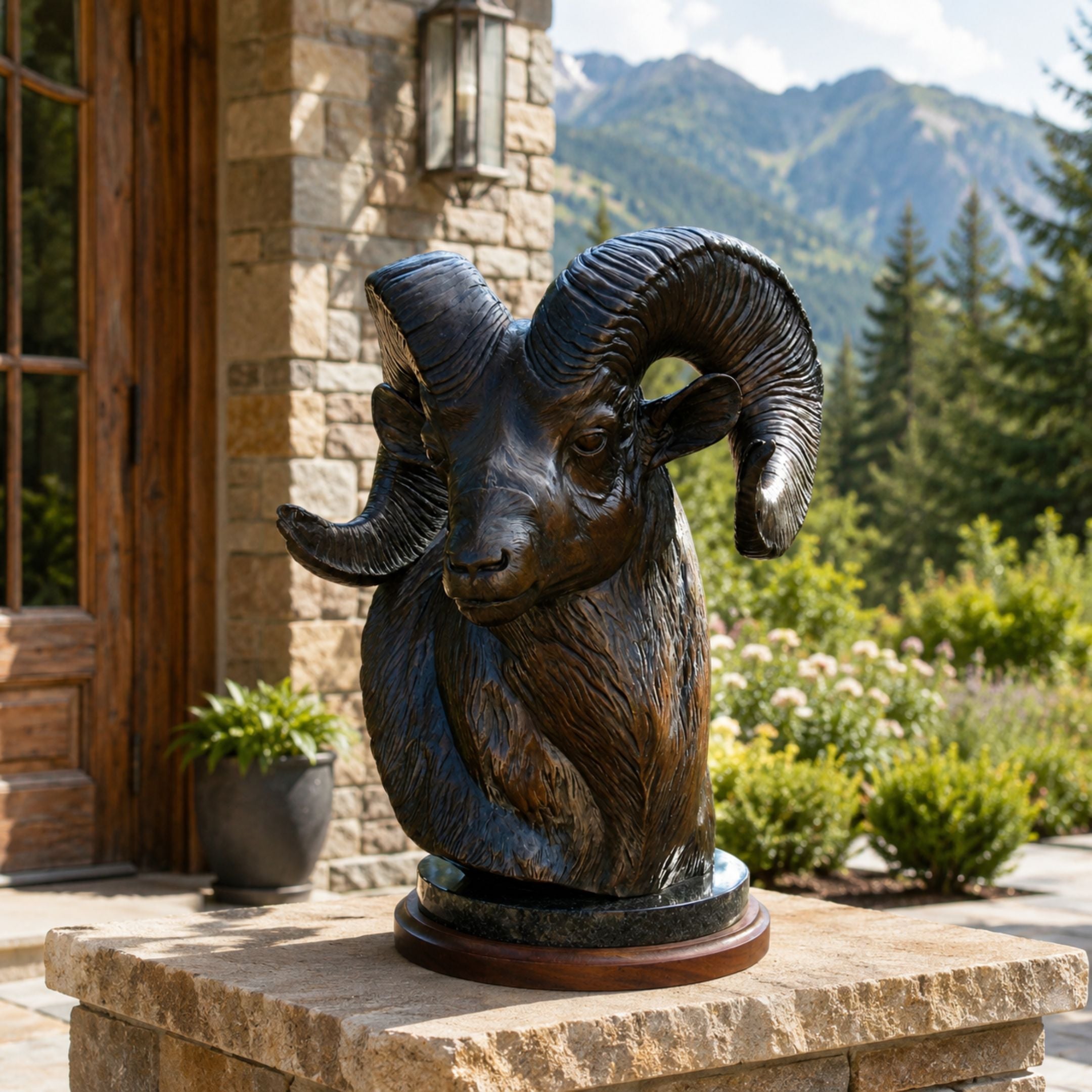 Traditional Bighorn Ram Head Bronze Bust, 90cm, displayed on a stone pedestal on an outdoor patio with mountain and forest views.