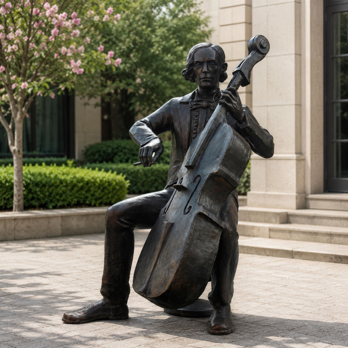 Life-Size Traditional Seated Cellist Bronze Sculpture, 170cm, by Giant Sculptures, dark bronze finish, playing cello, set on outdoor patio near steps and greenery.