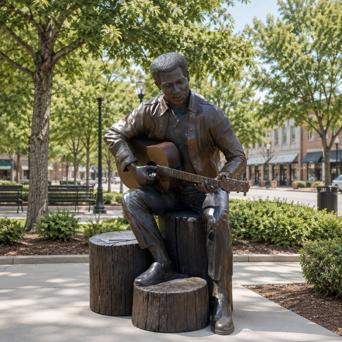 Life-Size Contemporary Guitarist Bronze Sculpture, 230cm, seated on a bronze tree stump playing guitar, displayed outdoors on a tree-lined plaza.