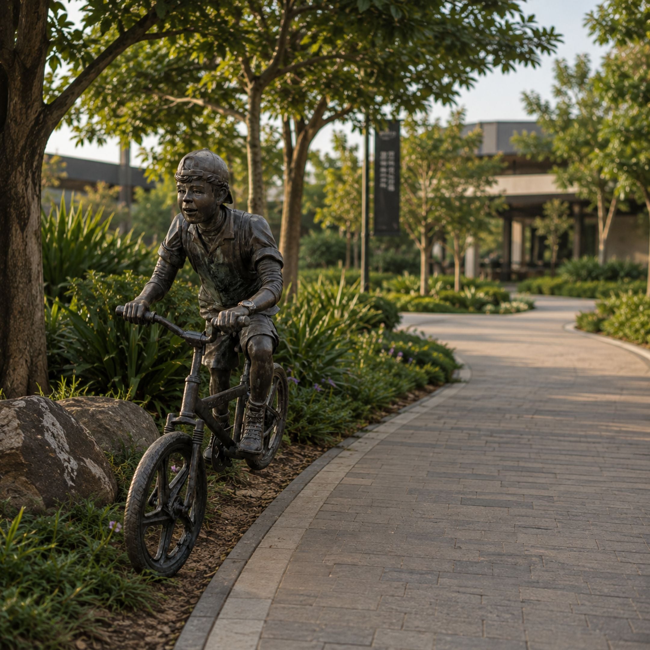 Life-Size Contemporary Boy on BMX Bicycle Bronze Sculpture, 130cm, cast bronze figure riding forward, displayed on a garden pathway beside trees and shrubs.