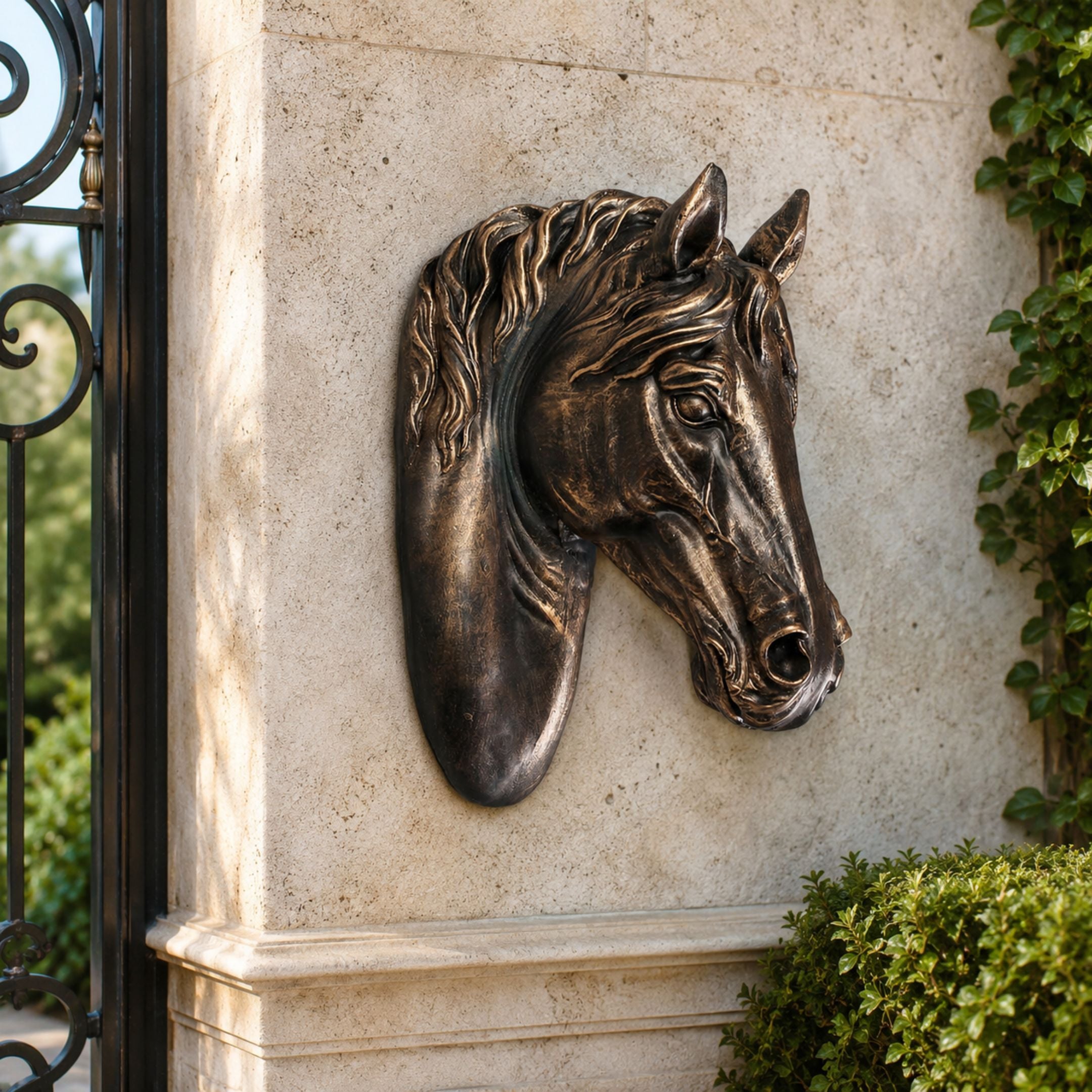 Traditional Horse Head Bronze Relief, 80cm, mounted on a stone exterior wall near an iron gate, showing a bronze horse head in profile with flowing mane.