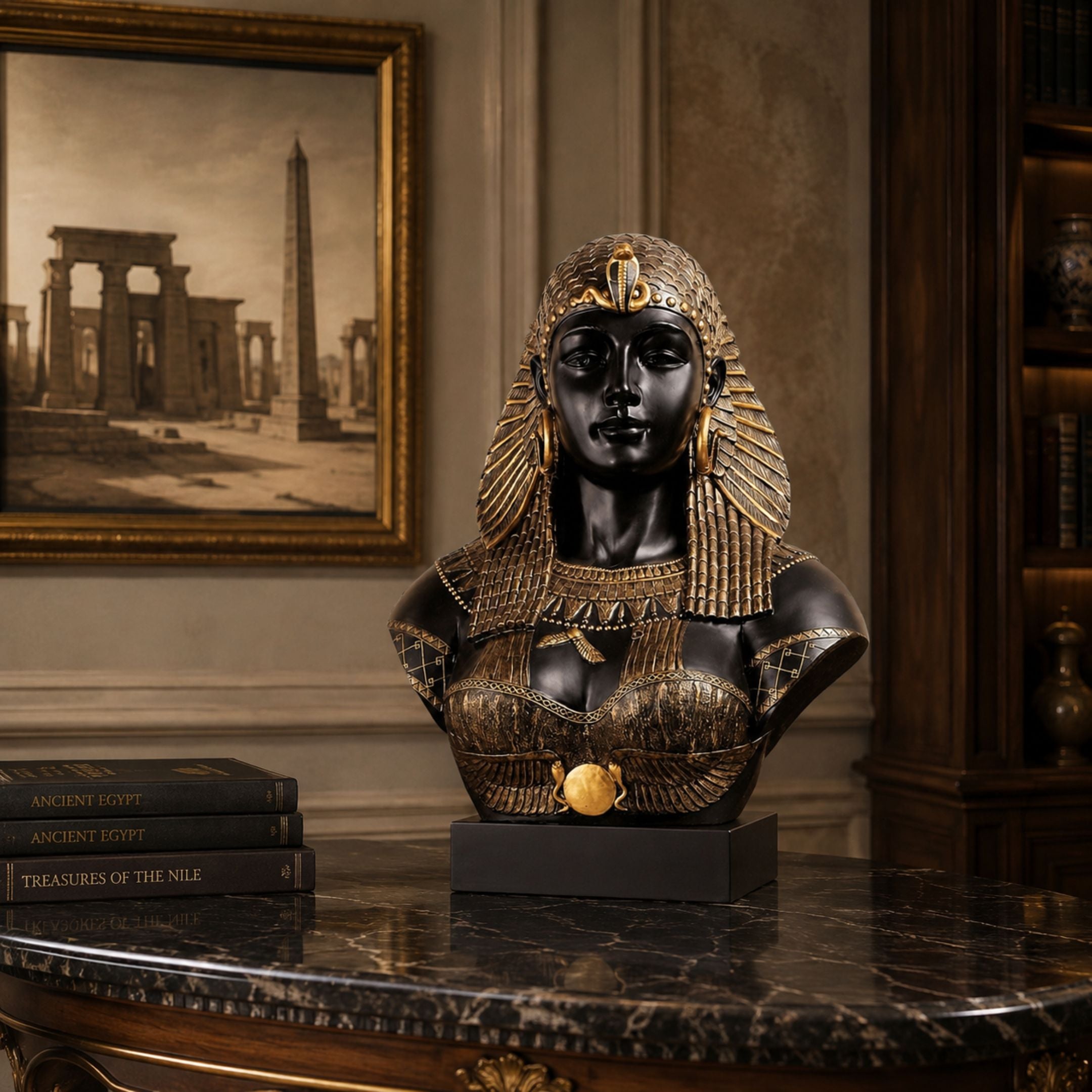 Classical Egyptian Queen Bust Bronze Bust with Nemes headdress, 80cm, black-brown patina with gold accents, displayed on a marble console table beside books and framed Egyptian art.