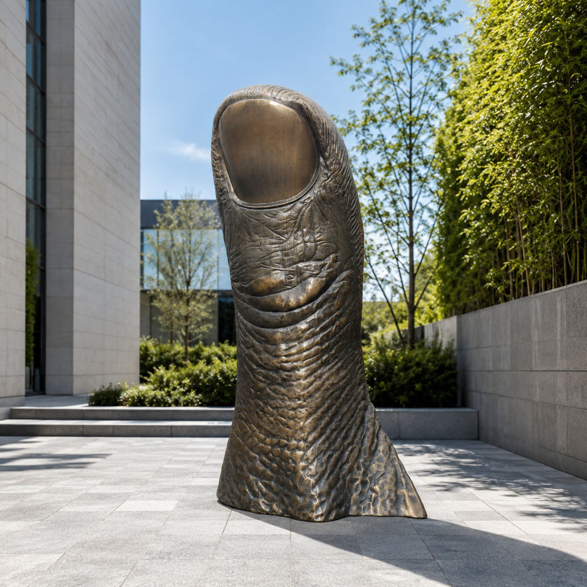 Monumental Contemporary Oversized Human Thumb Bronze Sculpture, 250cm, upright textured bronze thumb outdoors near bamboo and glass building facade.