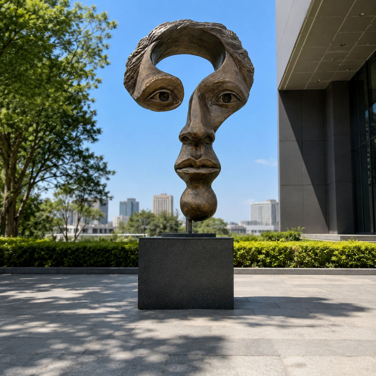 Monumental Modern Question Mark Face Bronze Sculpture, 300cm, on a black plinth outdoors, its cranium curling into a question mark above a detailed bronze face.