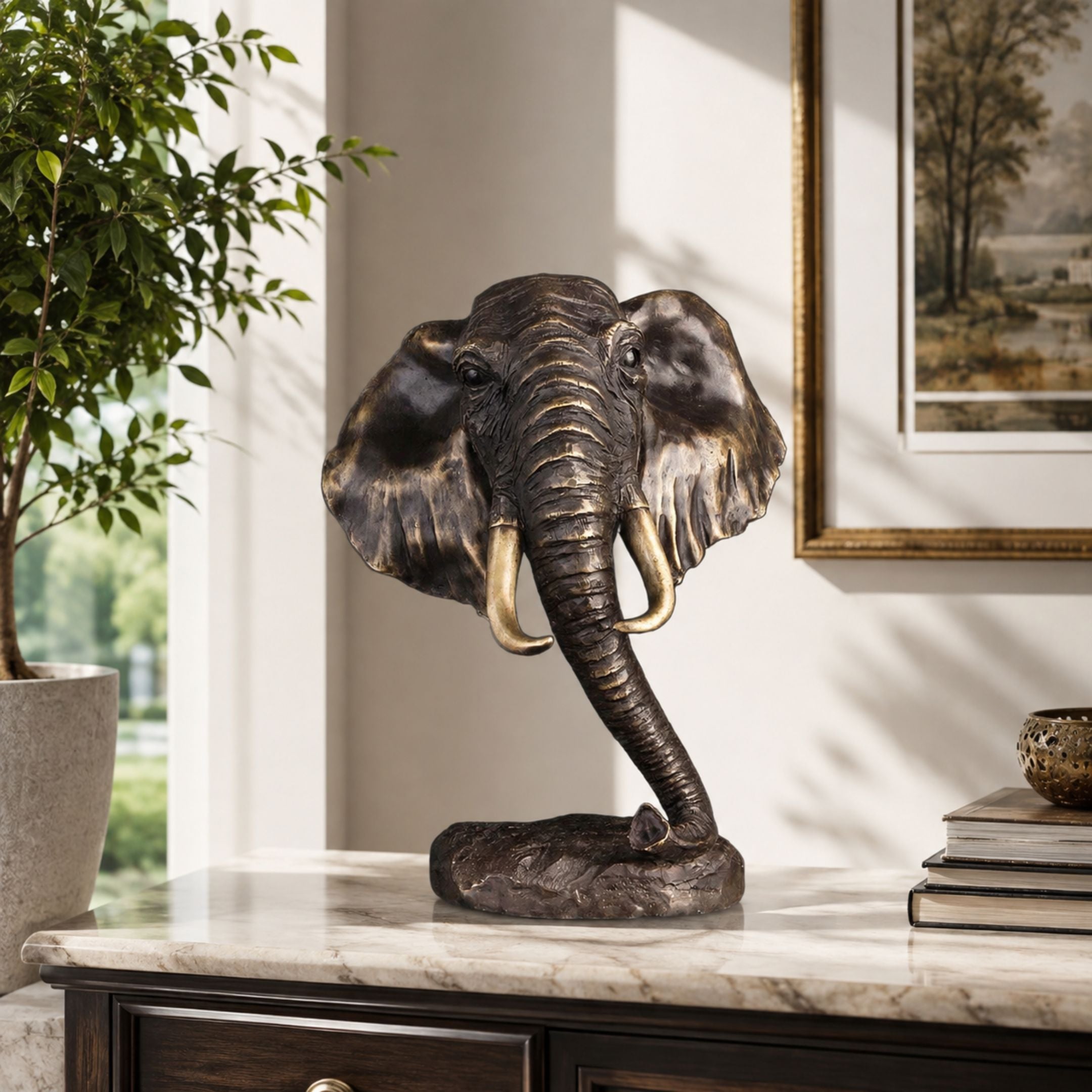 Traditional Elephant Head Bronze Bust, 45cm, displayed on a marble console with spread ears, curved tusks, and forward-curling trunk on a rock-form base.